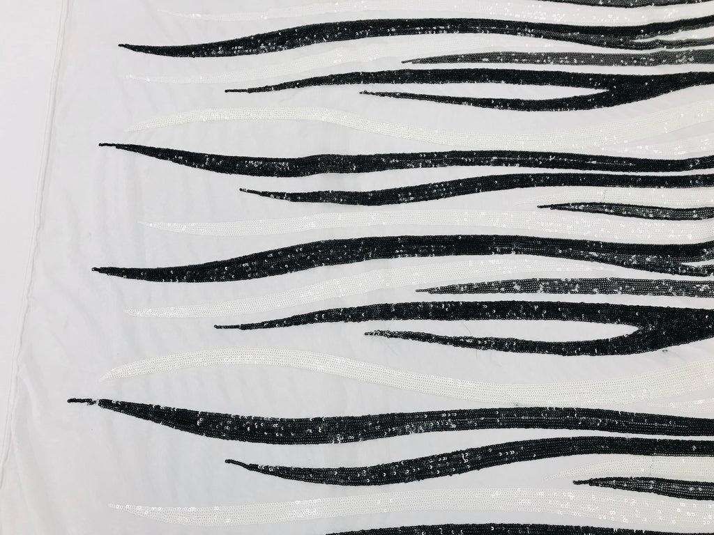Phoenix Wing Sequins - Black / White - 4 Way Stretch Wings Pattern Design Fabric By Yard