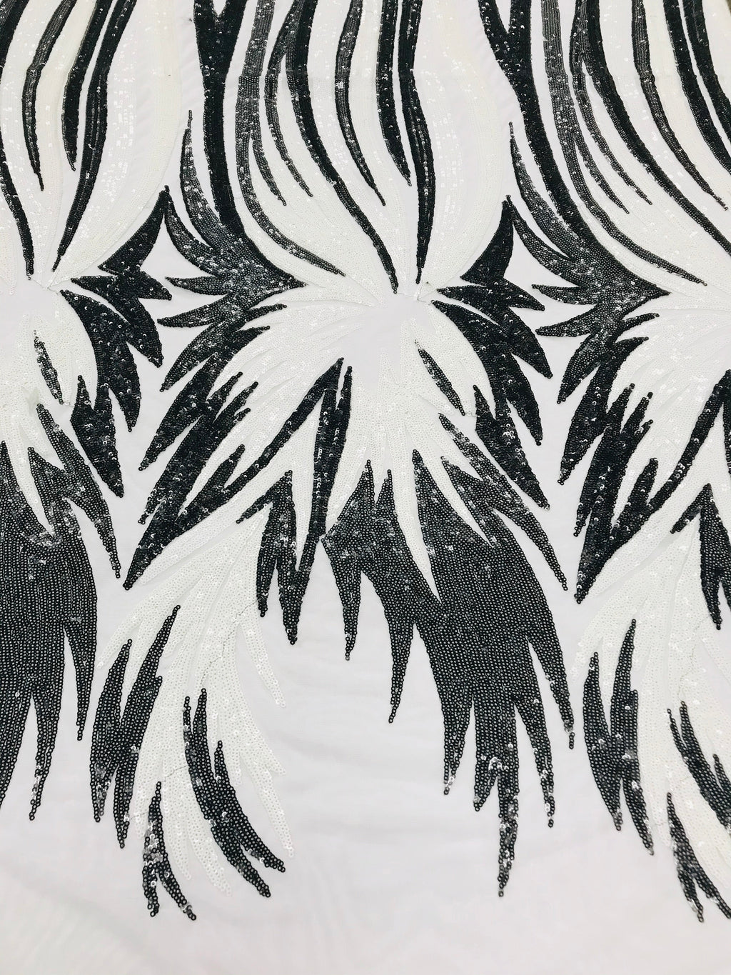 Phoenix Wing Sequins - Black / White - 4 Way Stretch Wings Pattern Design Fabric By Yard