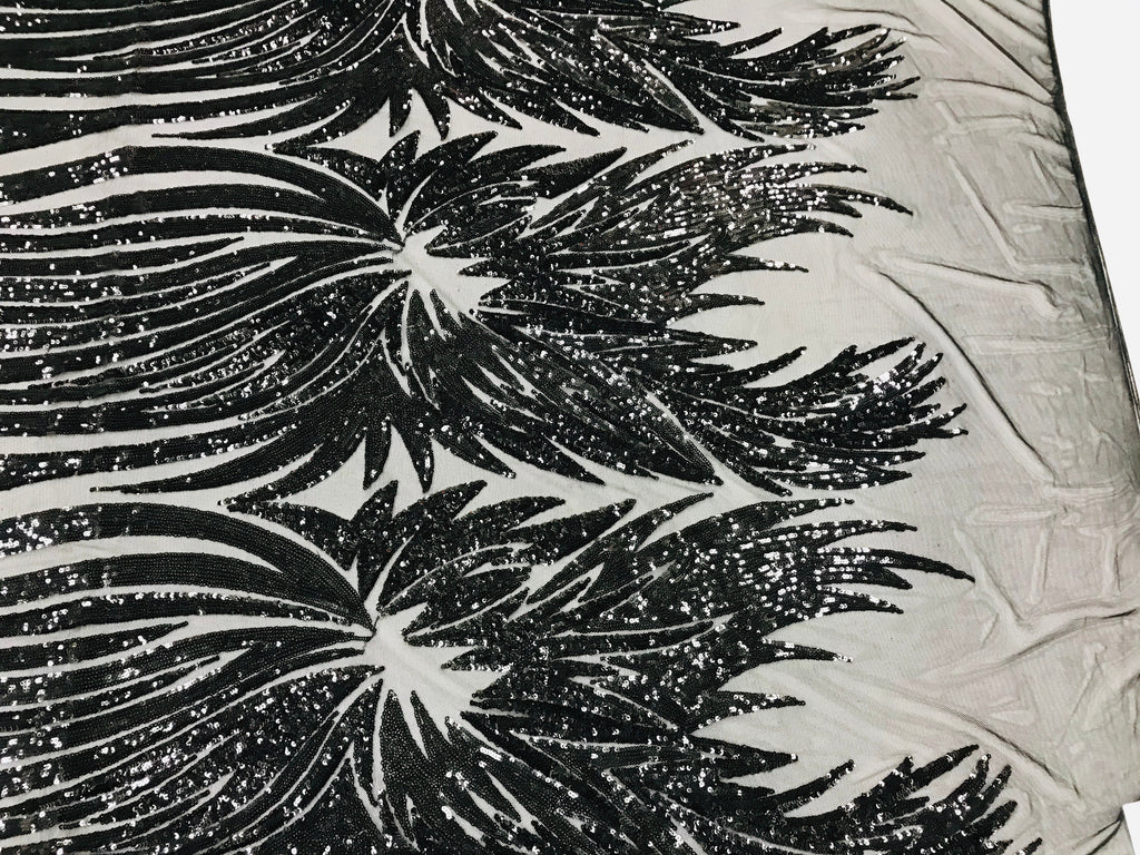 Phoenix Wing Sequins - Black - 4 Way Stretch Wings Pattern Design Fabric By Yard