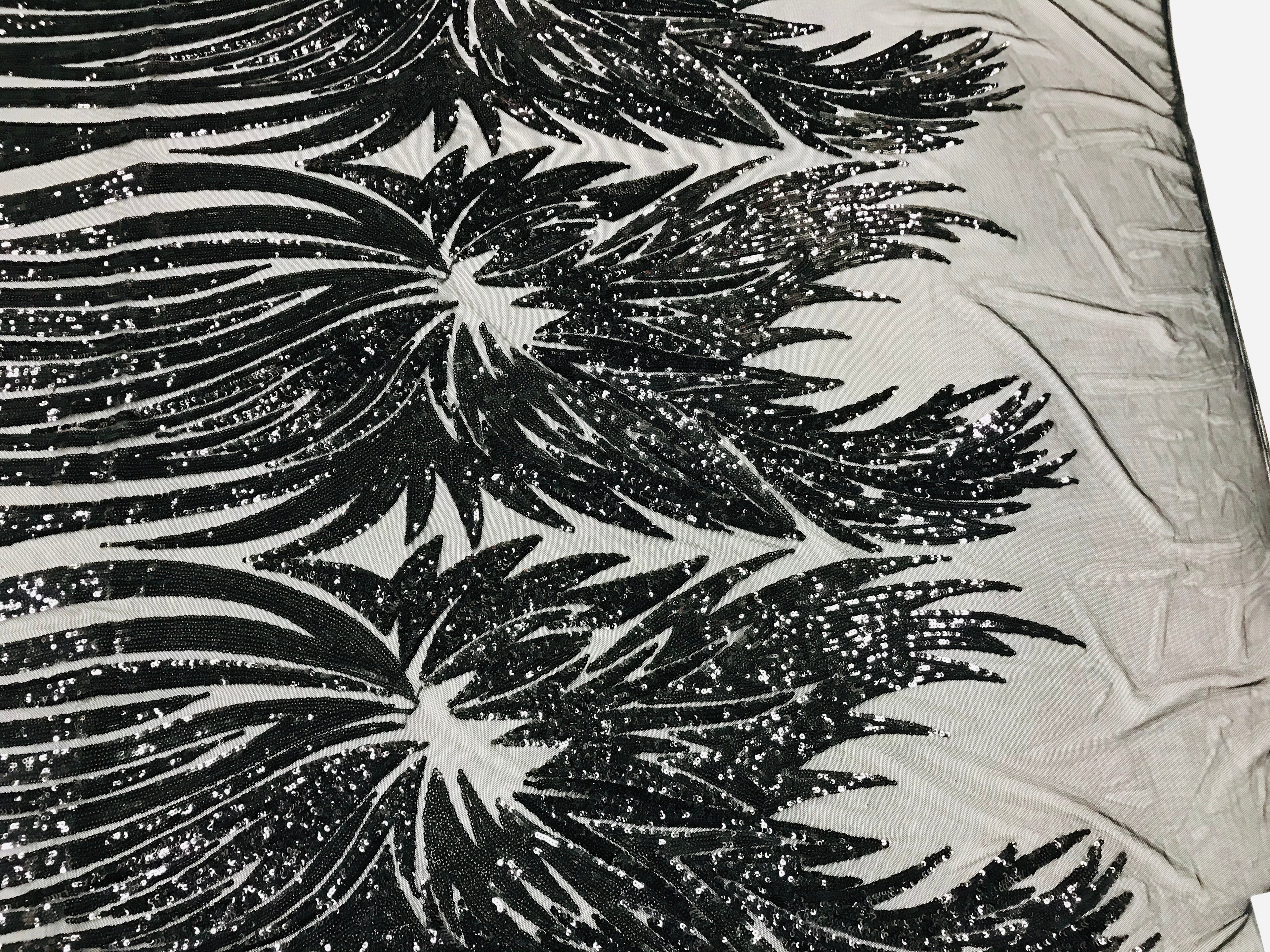 Phoenix Wing Sequins - Black - 4 Way Stretch Wings Pattern Design Fabric By Yard