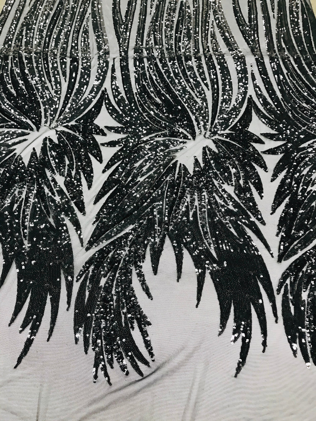 Phoenix Wing Sequins - Black - 4 Way Stretch Wings Pattern Design Fabric By Yard