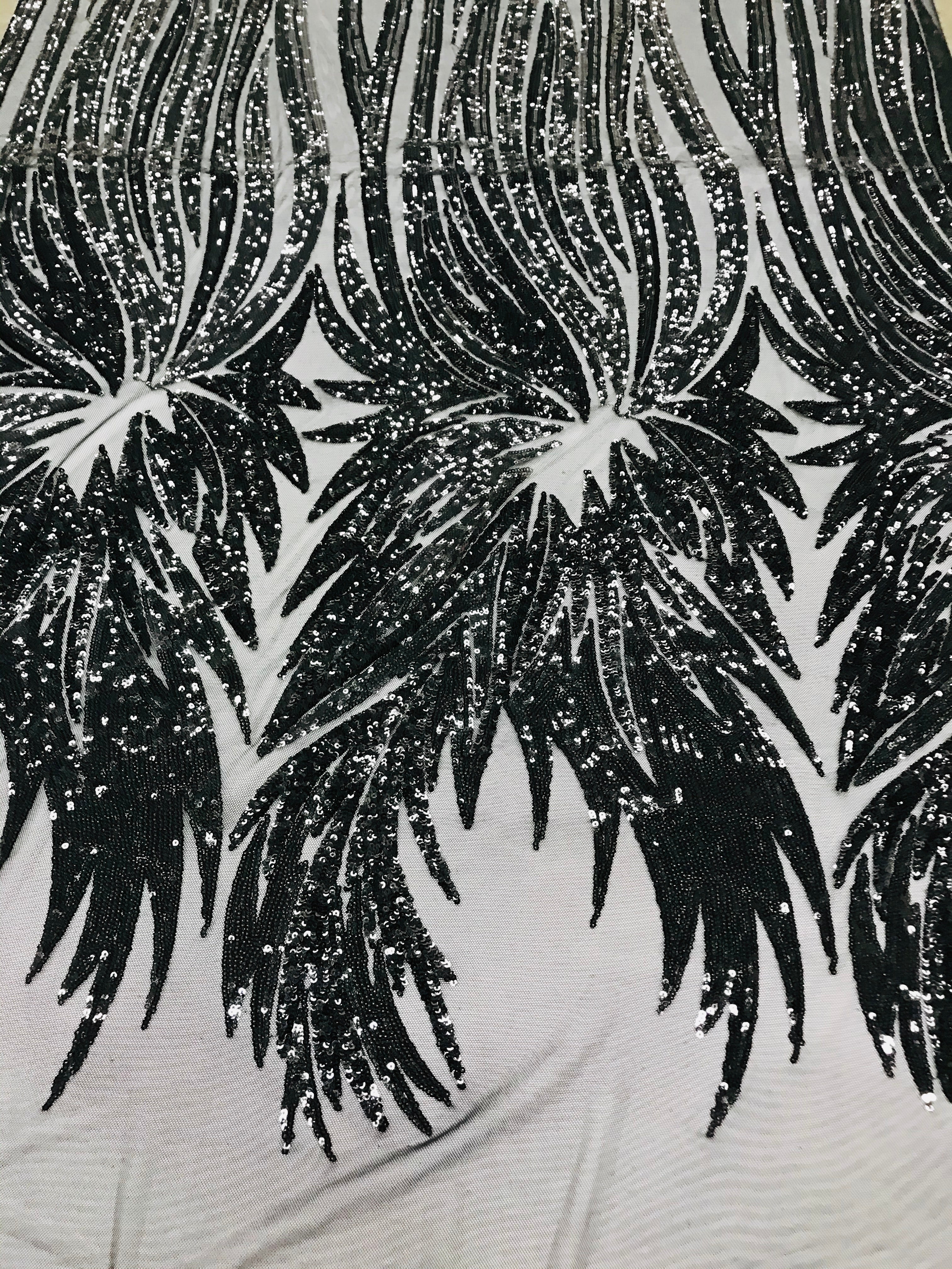 Phoenix Wing Sequins - Black - 4 Way Stretch Wings Pattern Design Fabric By Yard