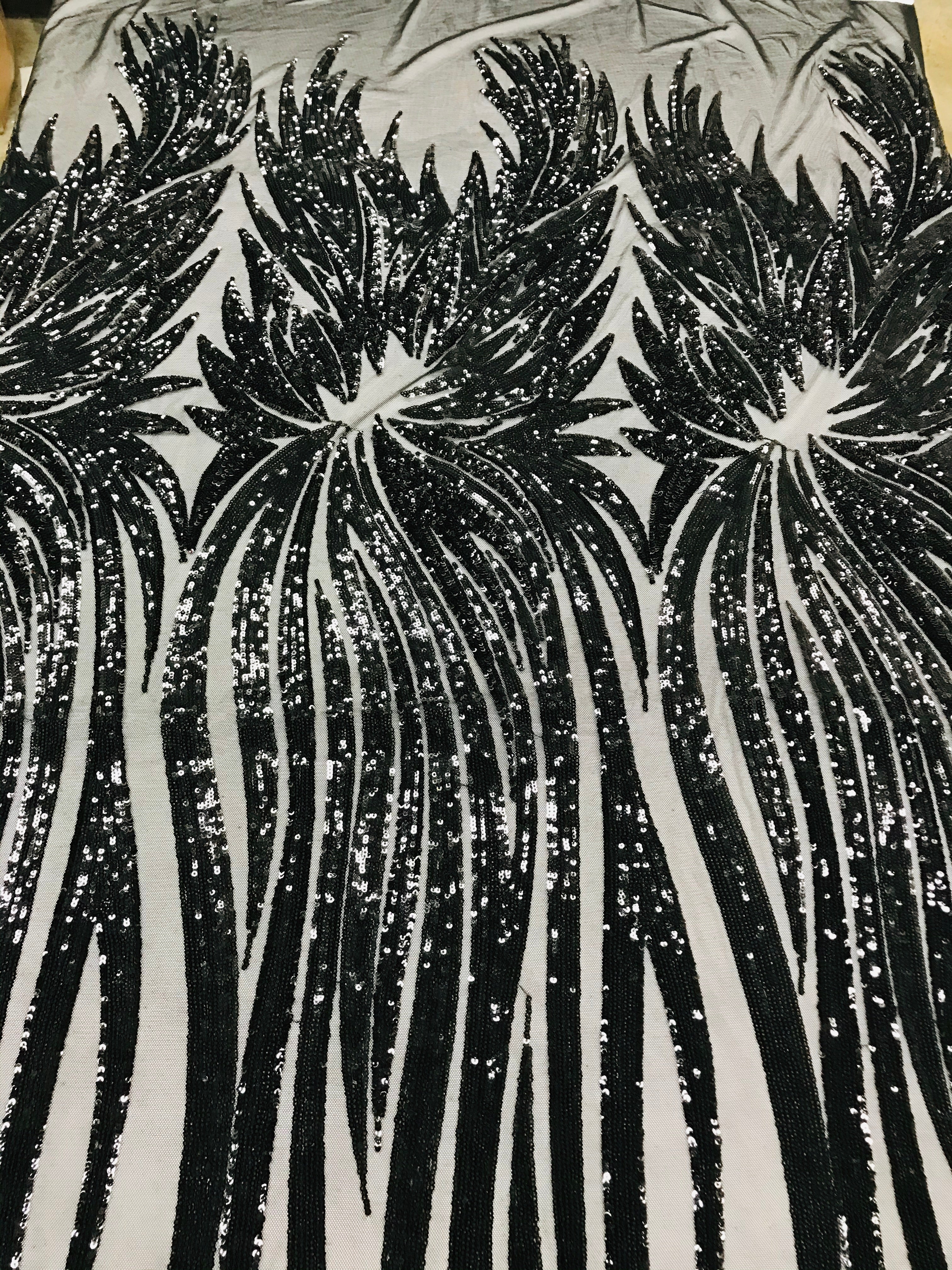 Phoenix Wing Sequins - Black - 4 Way Stretch Wings Pattern Design Fabric By Yard