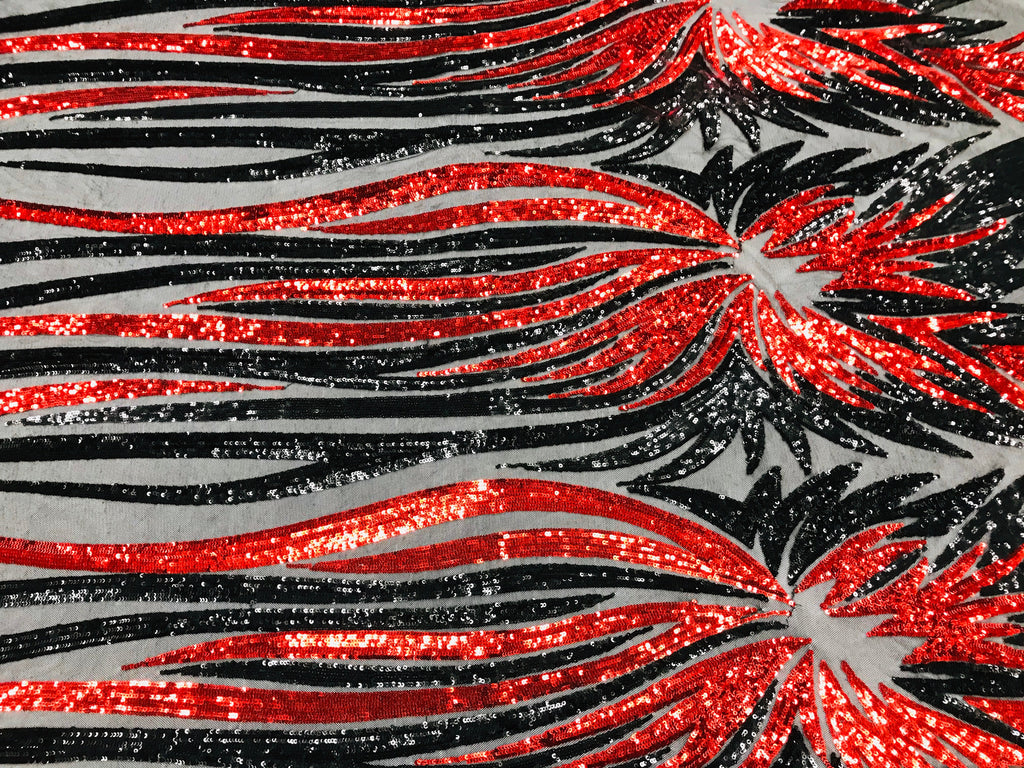 Phoenix Wing Sequins - Red / Black - 4 Way Stretch Wings Pattern Design Fabric By Yard