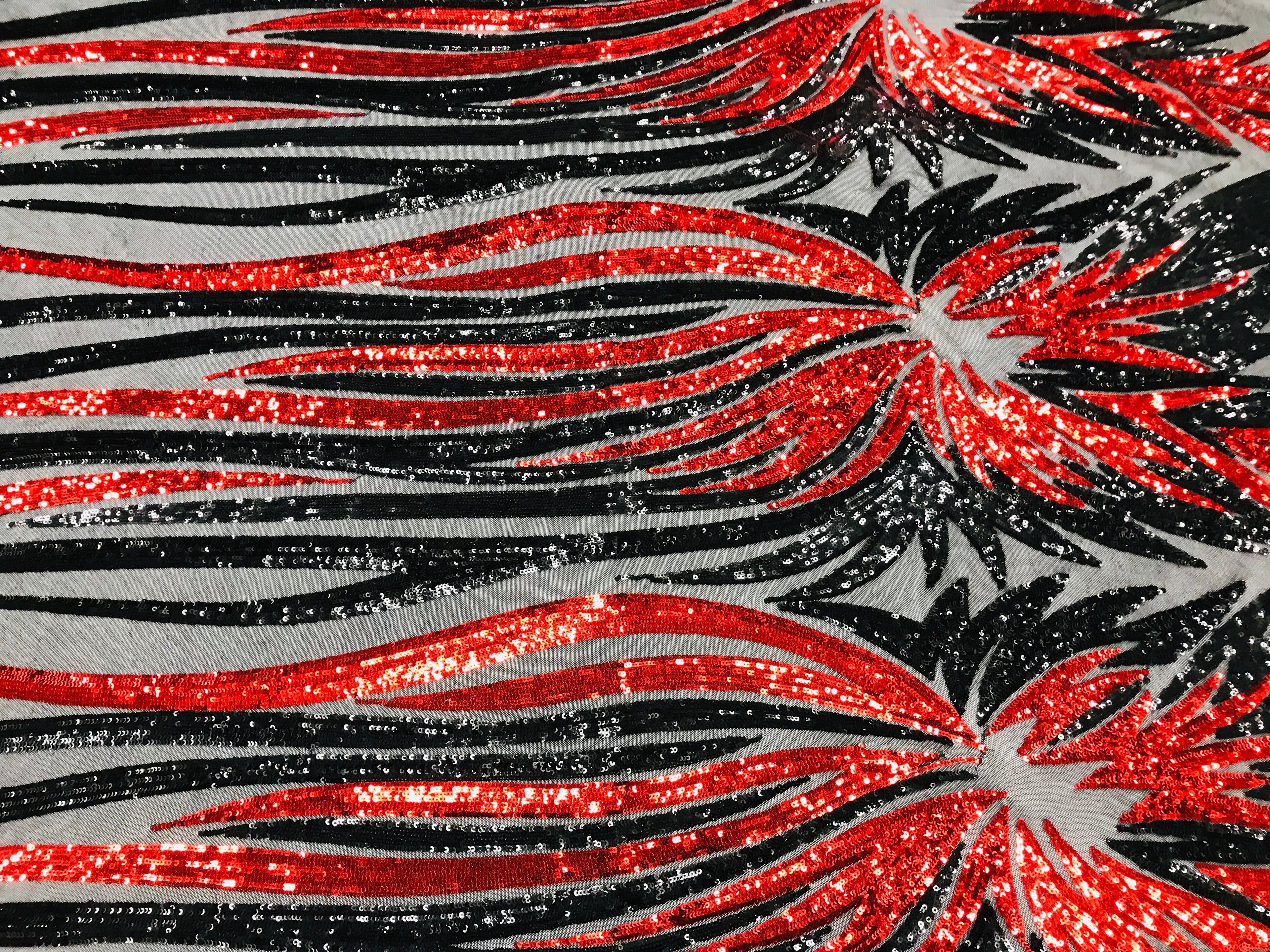 Phoenix Wing Sequins - Red / Black - 4 Way Stretch Wings Pattern Design Fabric By Yard