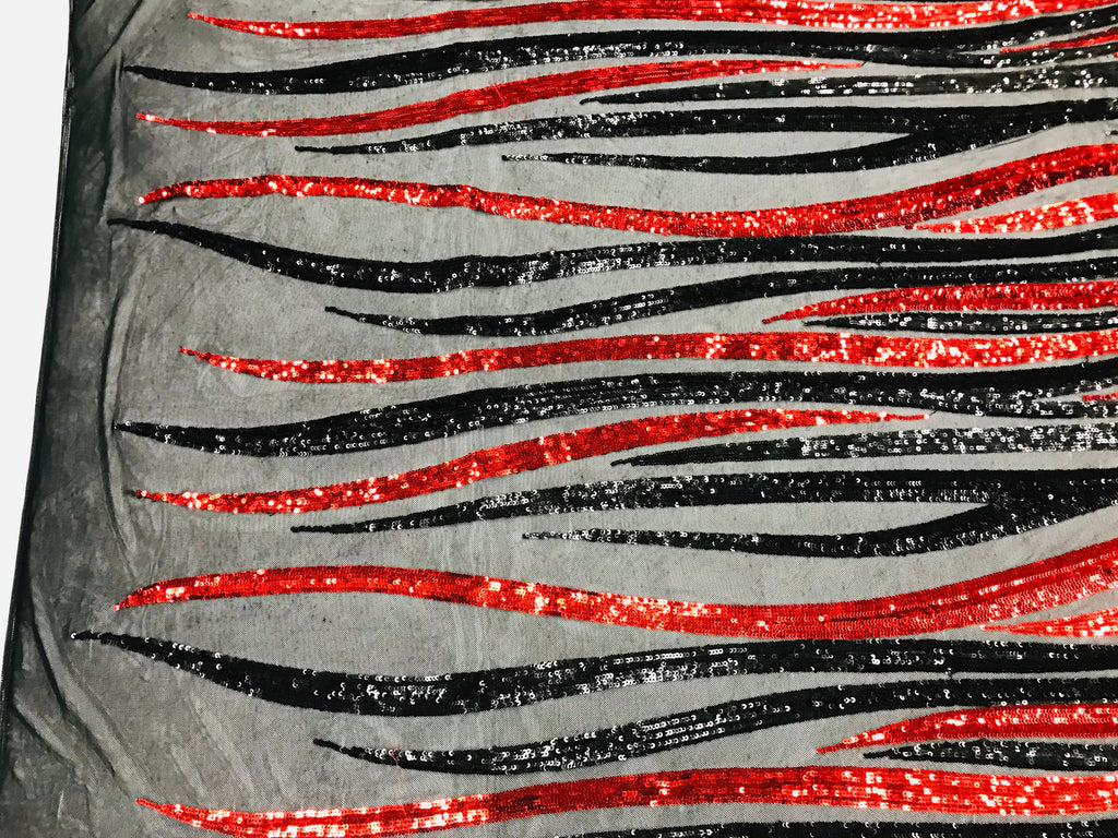 Phoenix Wing Sequins - Red / Black - 4 Way Stretch Wings Pattern Design Fabric By Yard