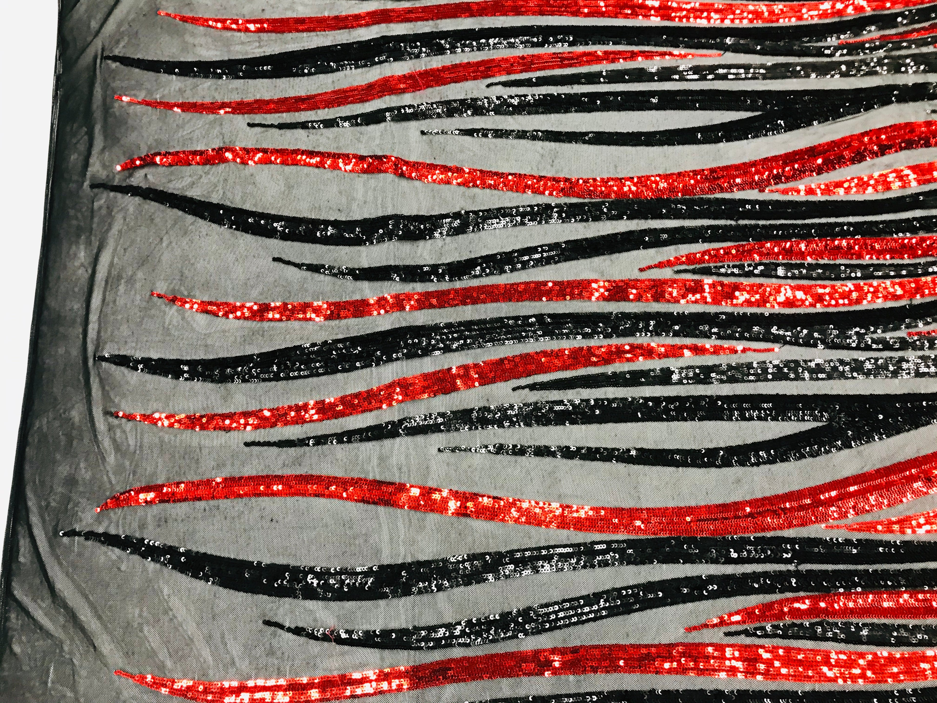 Phoenix Wing Sequins - Red / Black - 4 Way Stretch Wings Pattern Design Fabric By Yard