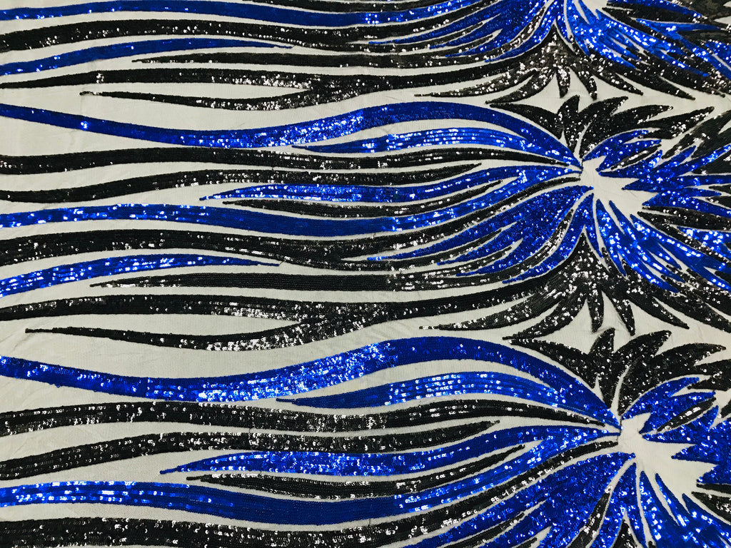Phoenix Wing Sequins - Royal Blue / Black - 4 Way Stretch Wings Pattern Design Fabric By Yard
