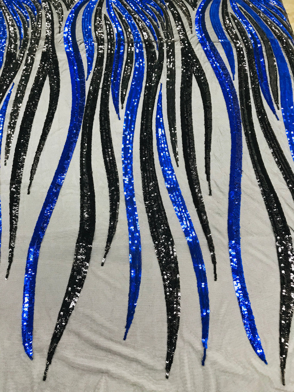 Phoenix Wing Sequins - Royal Blue / Black - 4 Way Stretch Wings Pattern Design Fabric By Yard