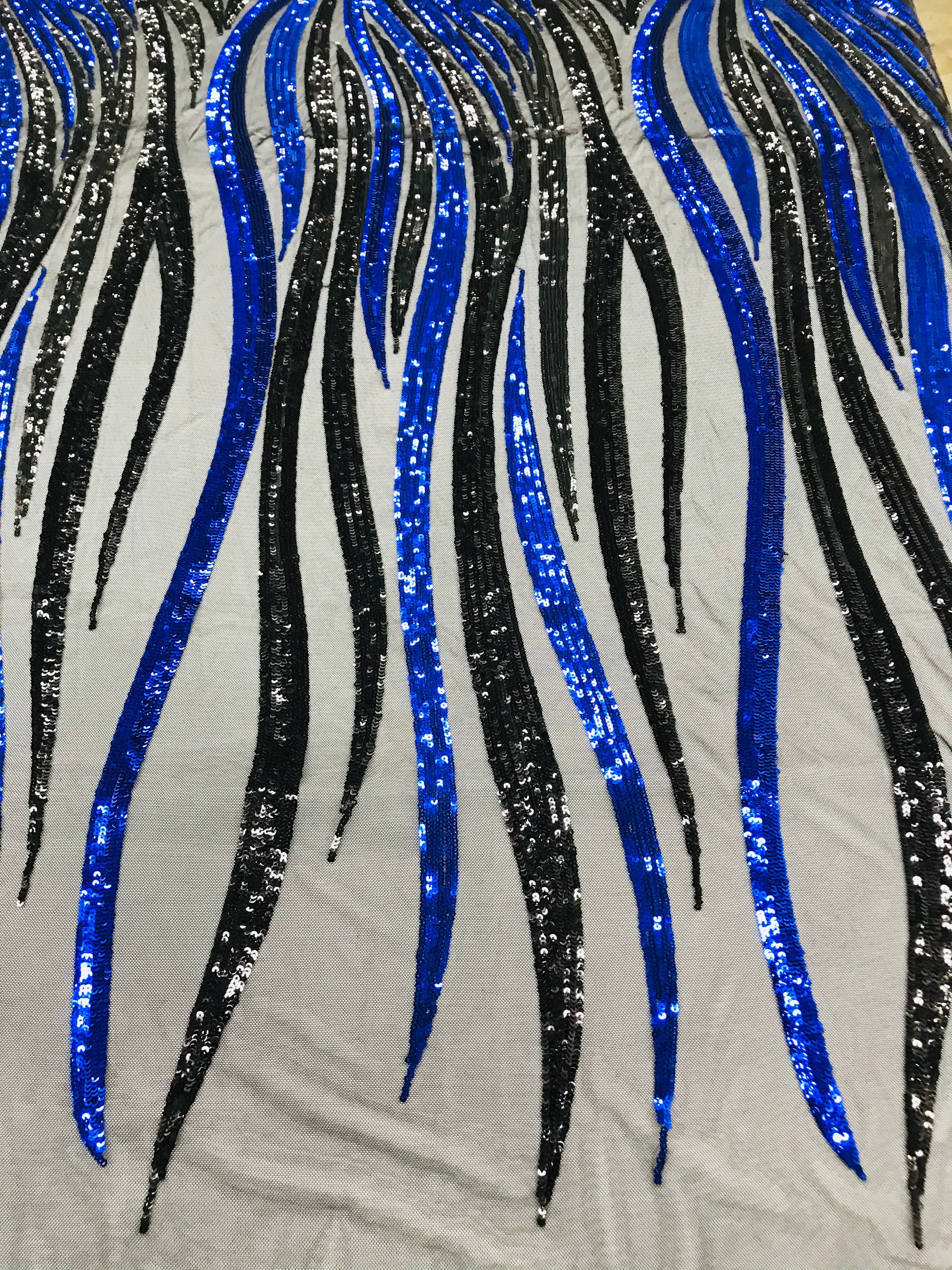 Phoenix Wing Sequins - Royal Blue / Black - 4 Way Stretch Wings Pattern Design Fabric By Yard