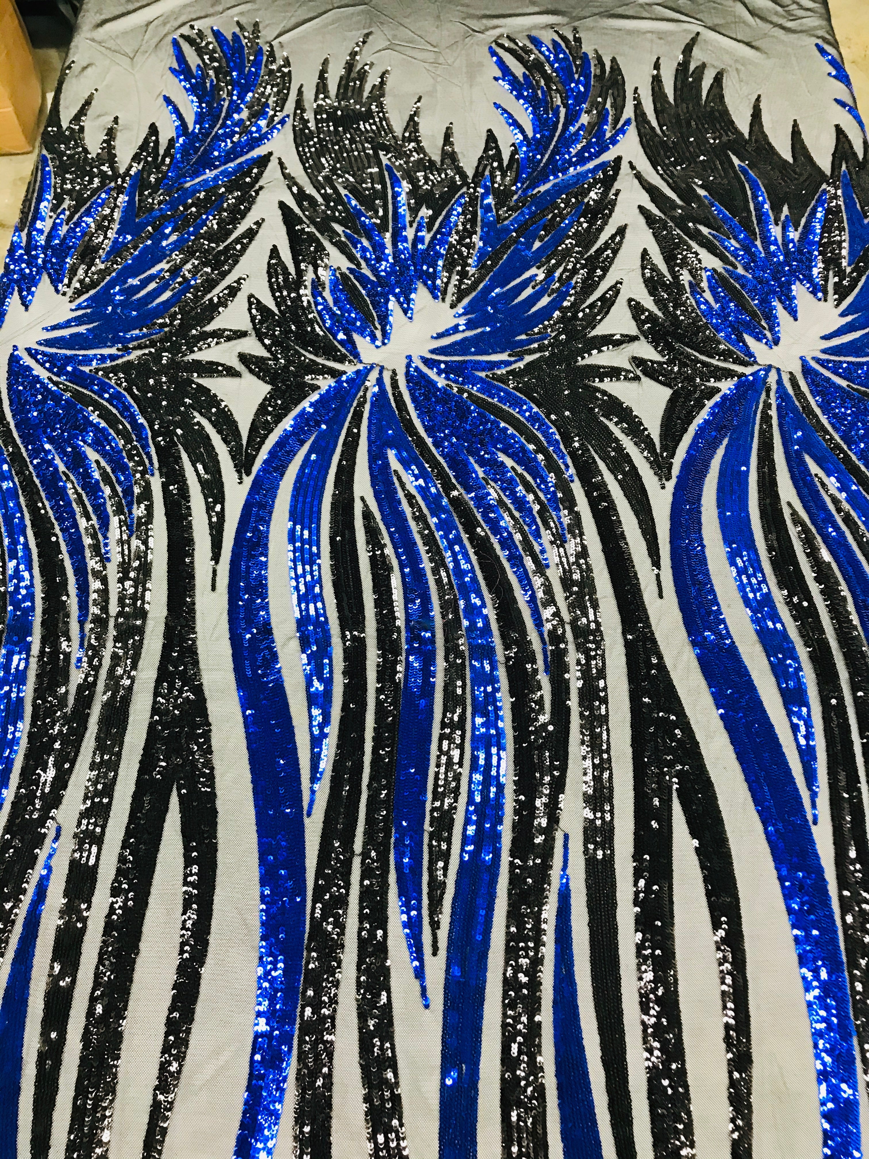 Phoenix Wing Sequins - Royal Blue / Black - 4 Way Stretch Wings Pattern Design Fabric By Yard