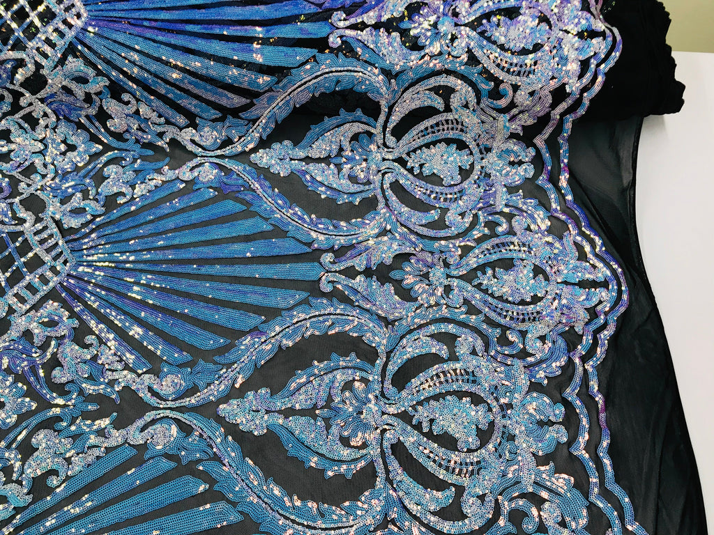 Floral Damask - Iridescent Unicorn - 4 Way Stretch Fancy Shiny Sequins Fabric with Net Design