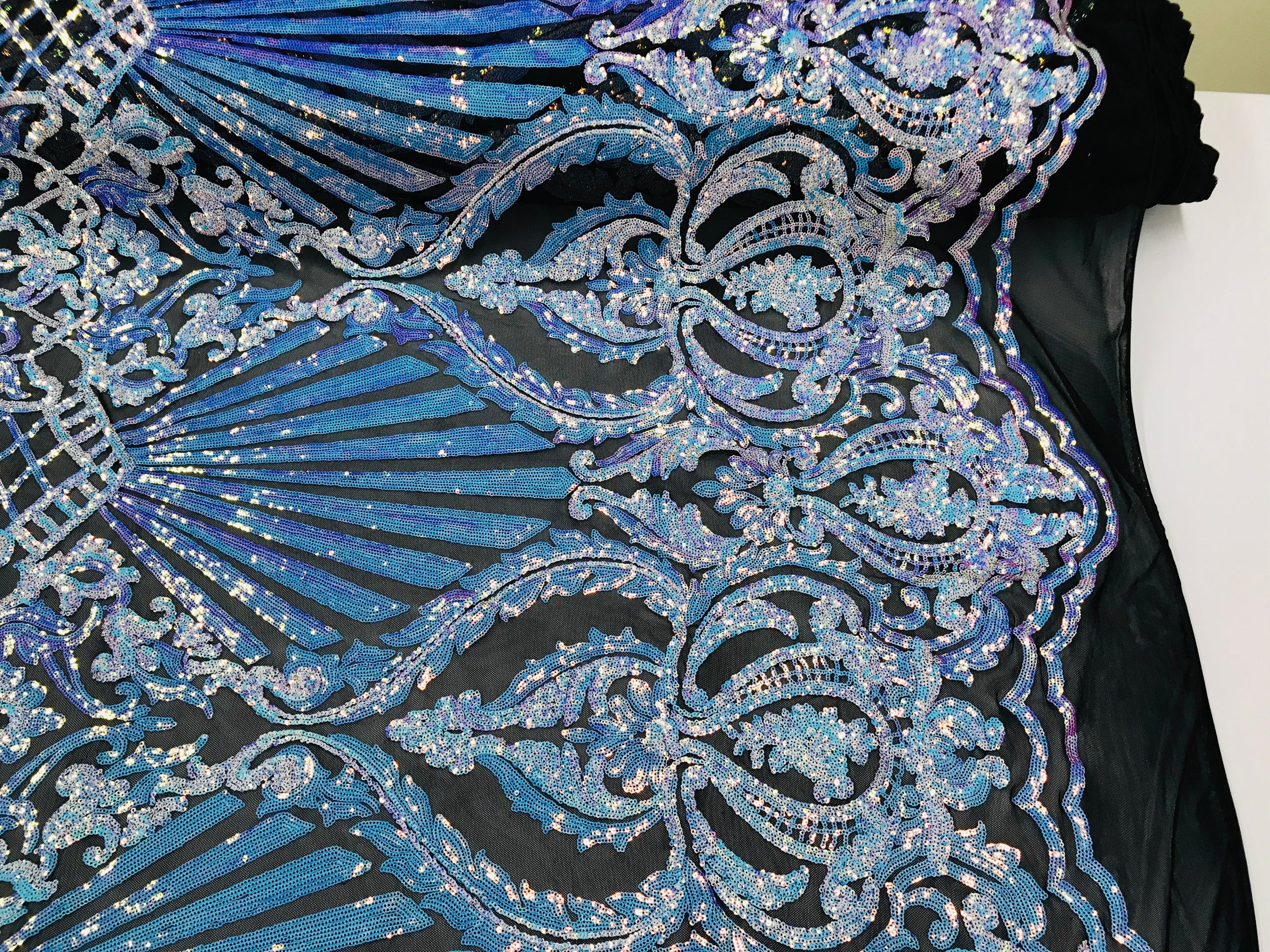 Floral Damask - Iridescent Unicorn - 4 Way Stretch Fancy Shiny Sequins Fabric with Net Design