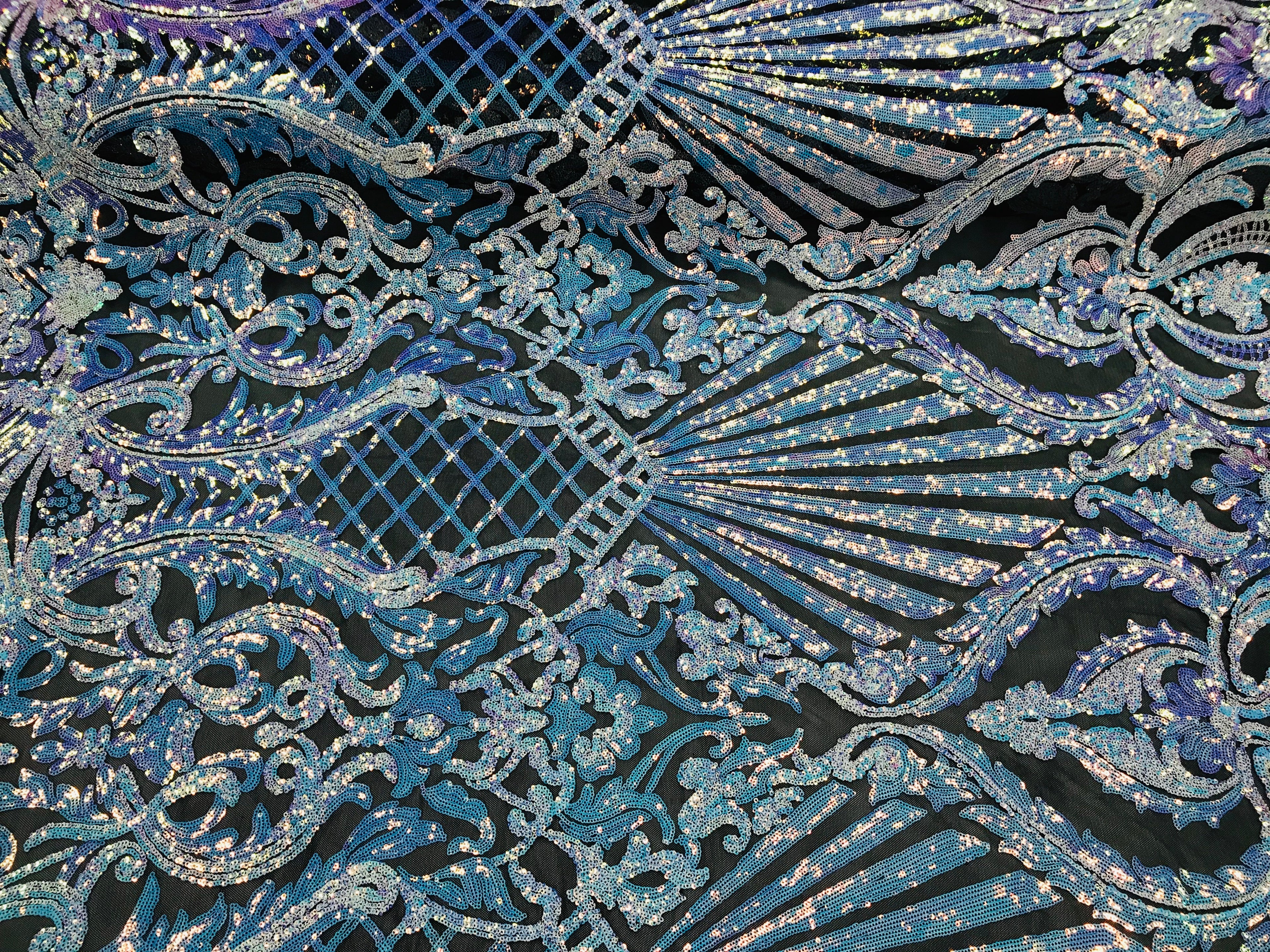 Floral Damask - Iridescent Unicorn - 4 Way Stretch Fancy Shiny Sequins Fabric with Net Design