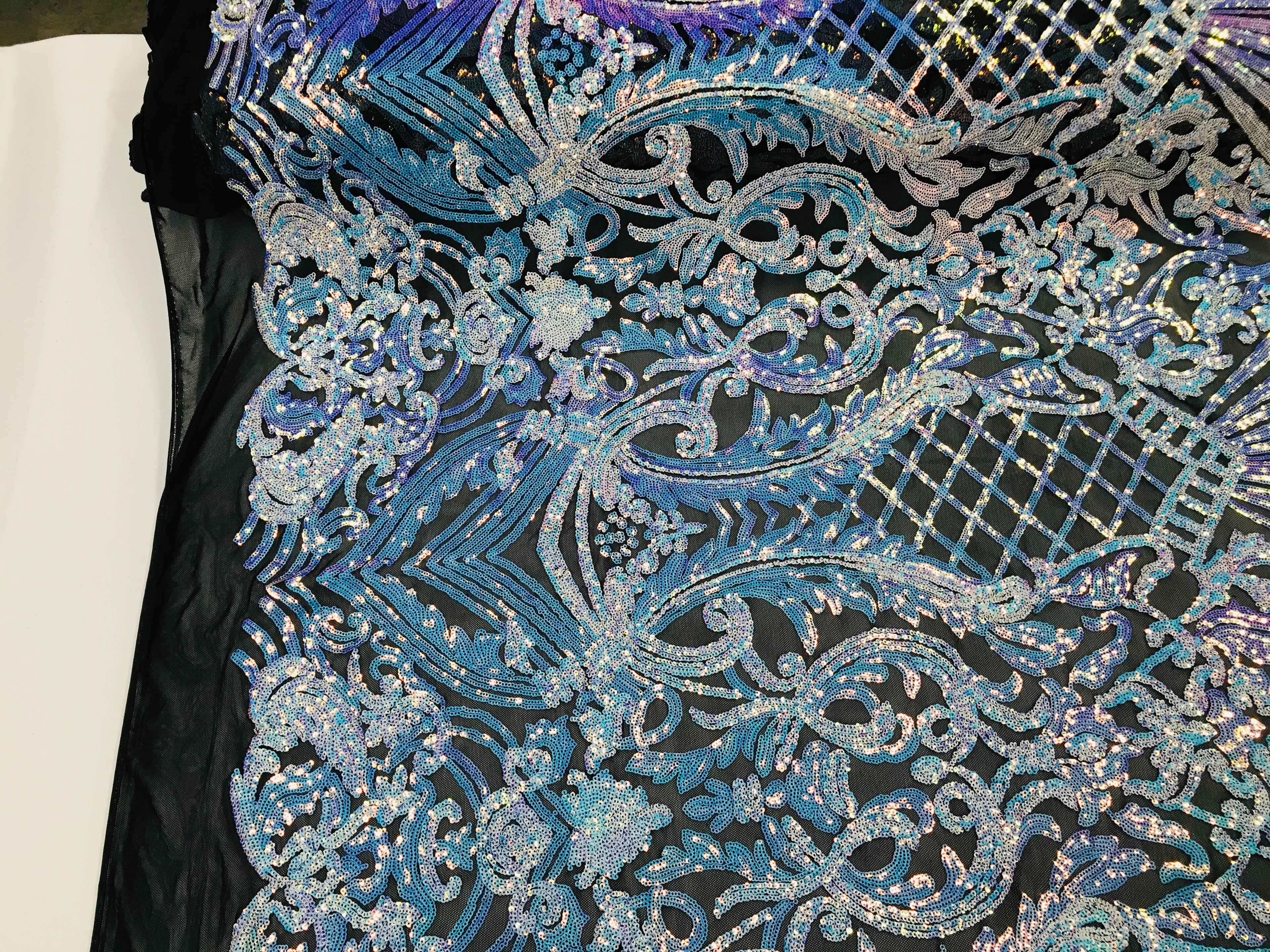 Floral Damask - Iridescent Unicorn - 4 Way Stretch Fancy Shiny Sequins Fabric with Net Design