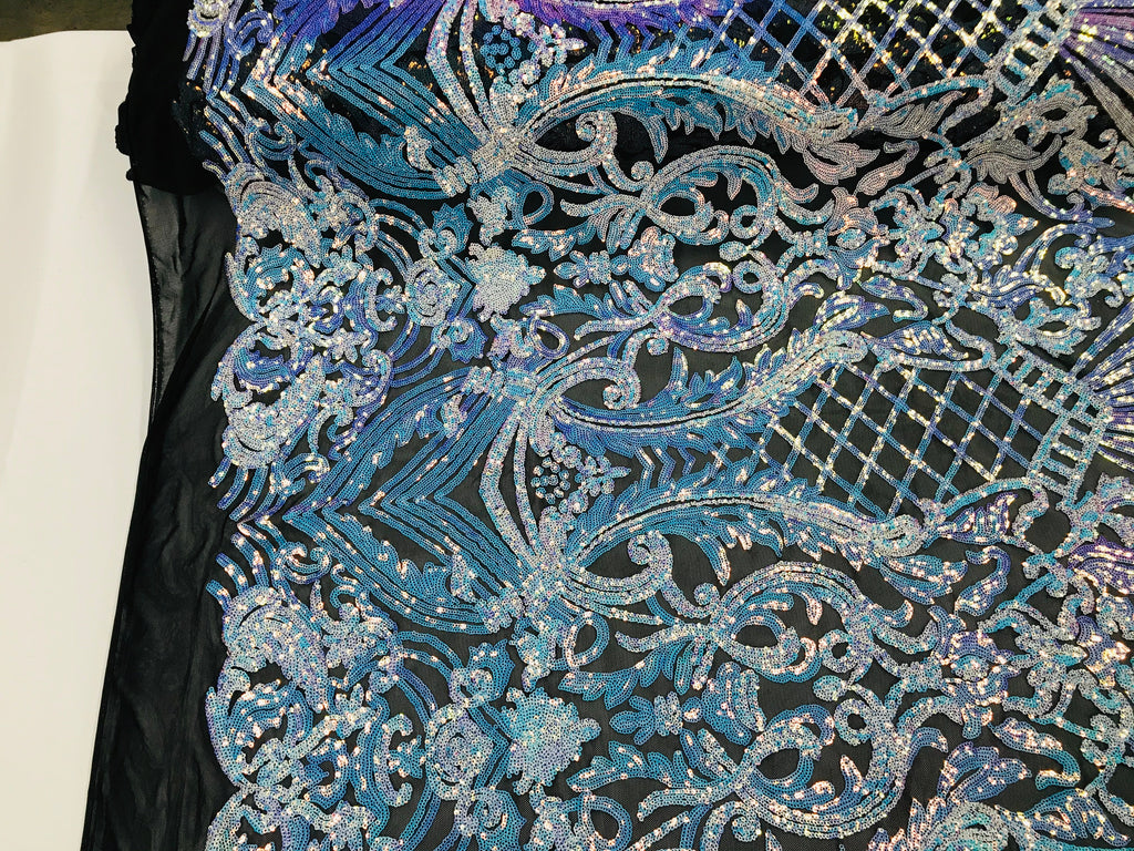 Floral Damask - Iridescent Unicorn - 4 Way Stretch Fancy Shiny Sequins Fabric with Net Design