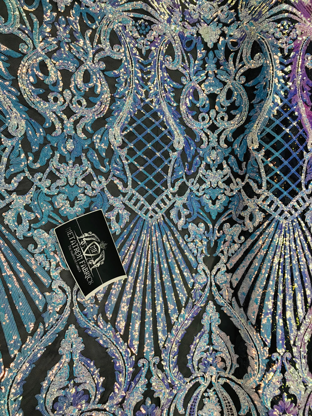 Floral Damask - Iridescent Unicorn - 4 Way Stretch Fancy Shiny Sequins Fabric with Net Design