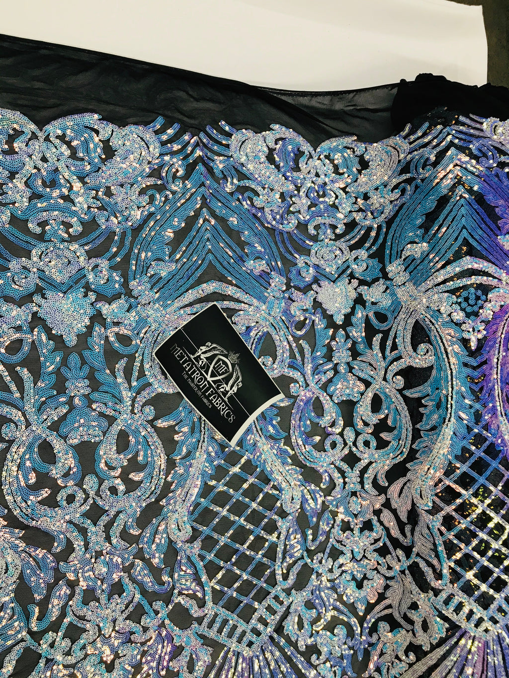 Floral Damask - Iridescent Unicorn - 4 Way Stretch Fancy Shiny Sequins Fabric with Net Design