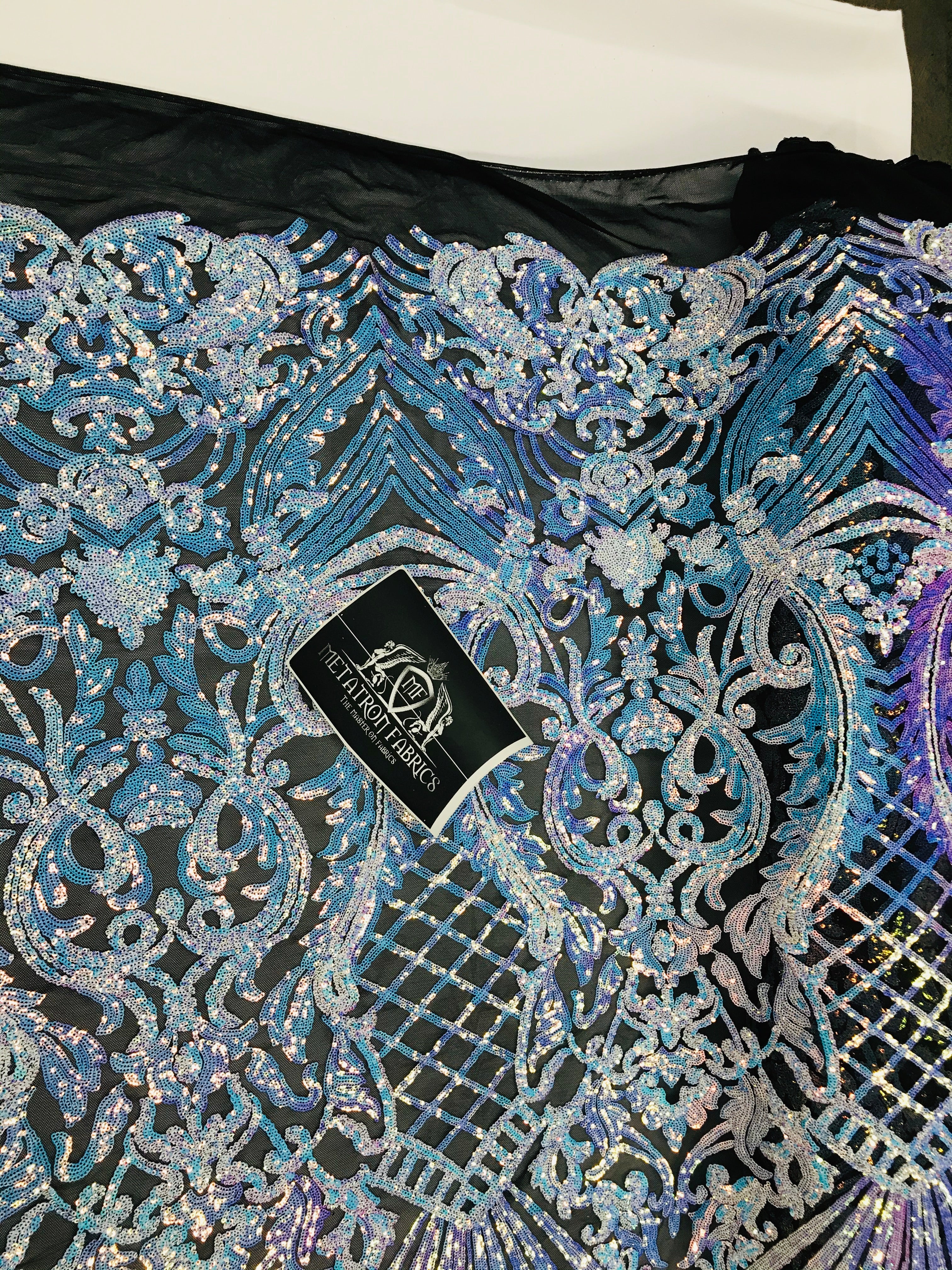 Floral Damask - Iridescent Unicorn - 4 Way Stretch Fancy Shiny Sequins Fabric with Net Design