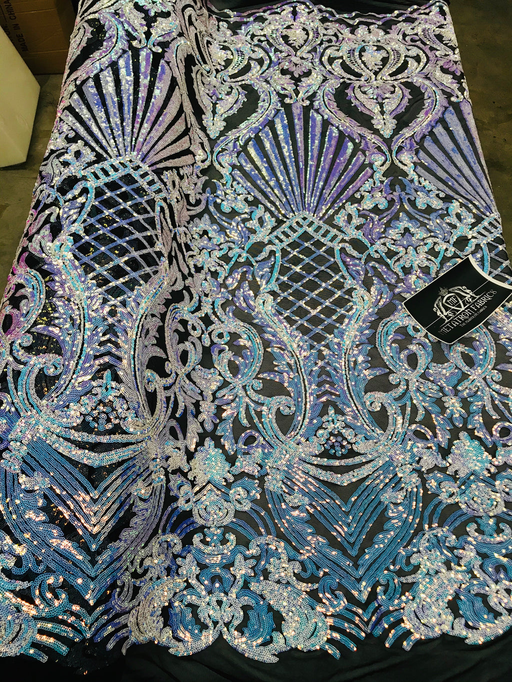 Floral Damask - Iridescent Unicorn - 4 Way Stretch Fancy Shiny Sequins Fabric with Net Design