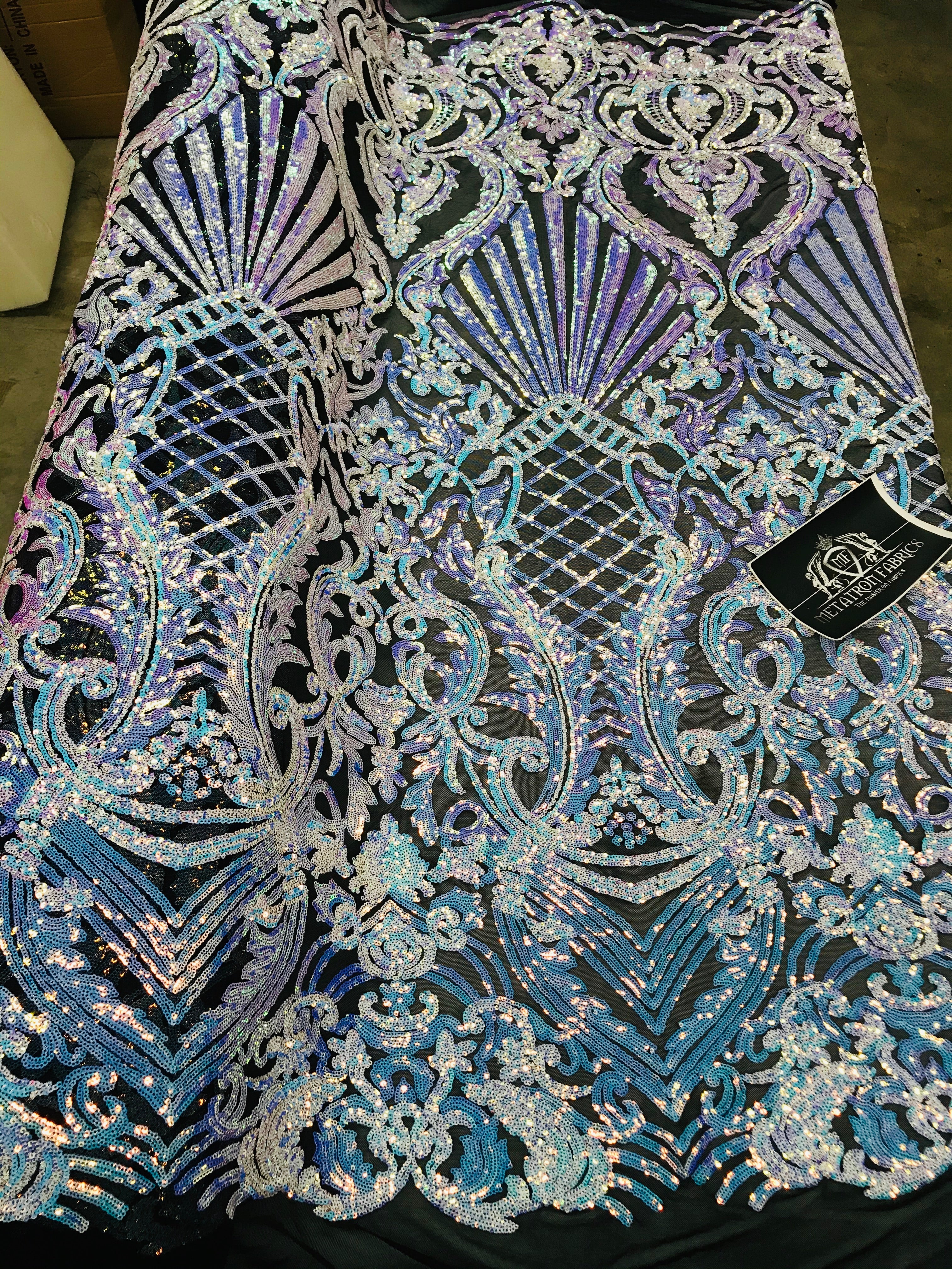 Floral Damask - Iridescent Unicorn - 4 Way Stretch Fancy Shiny Sequins Fabric with Net Design