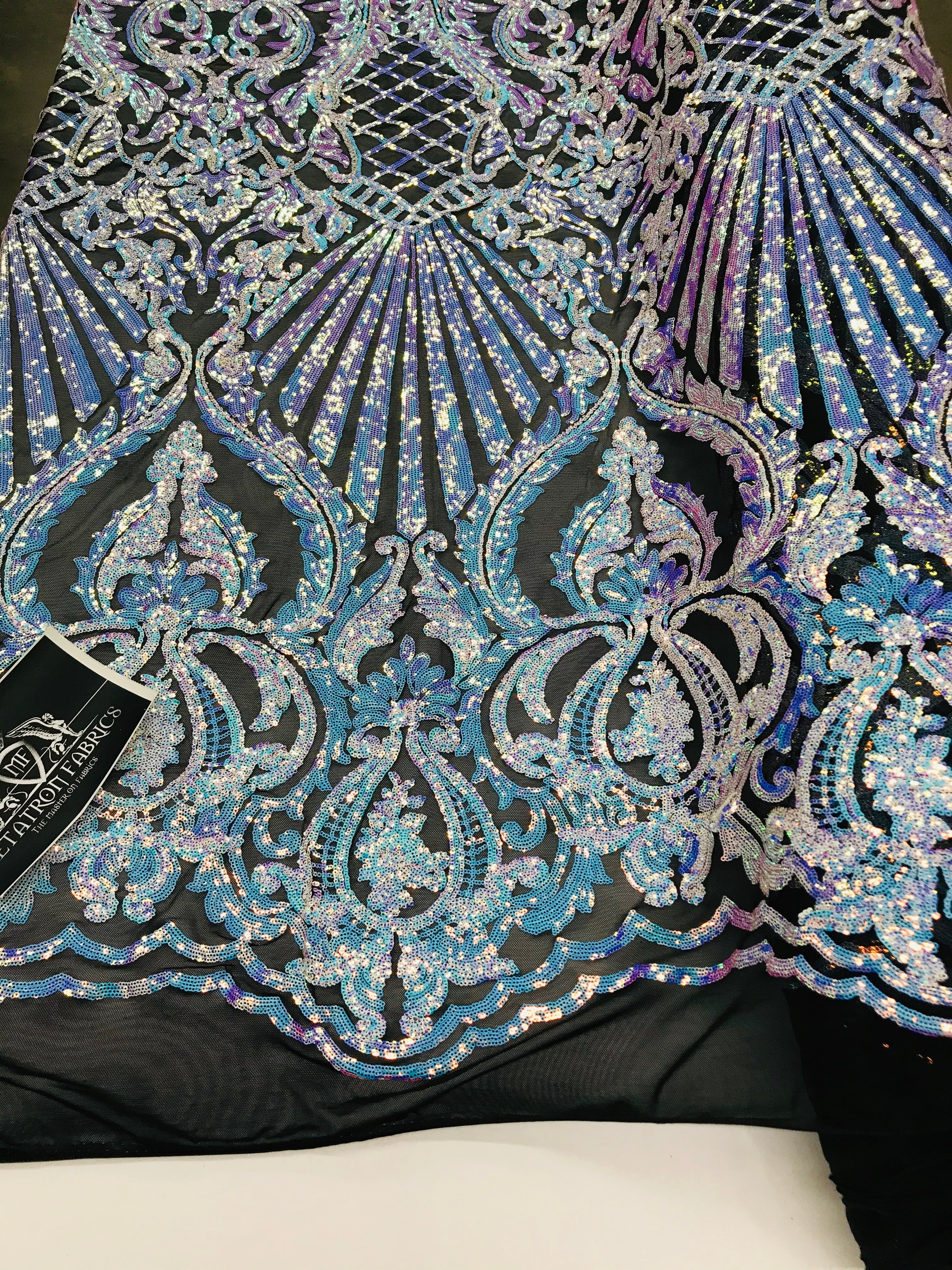 Floral Damask - Iridescent Unicorn - 4 Way Stretch Fancy Shiny Sequins Fabric with Net Design