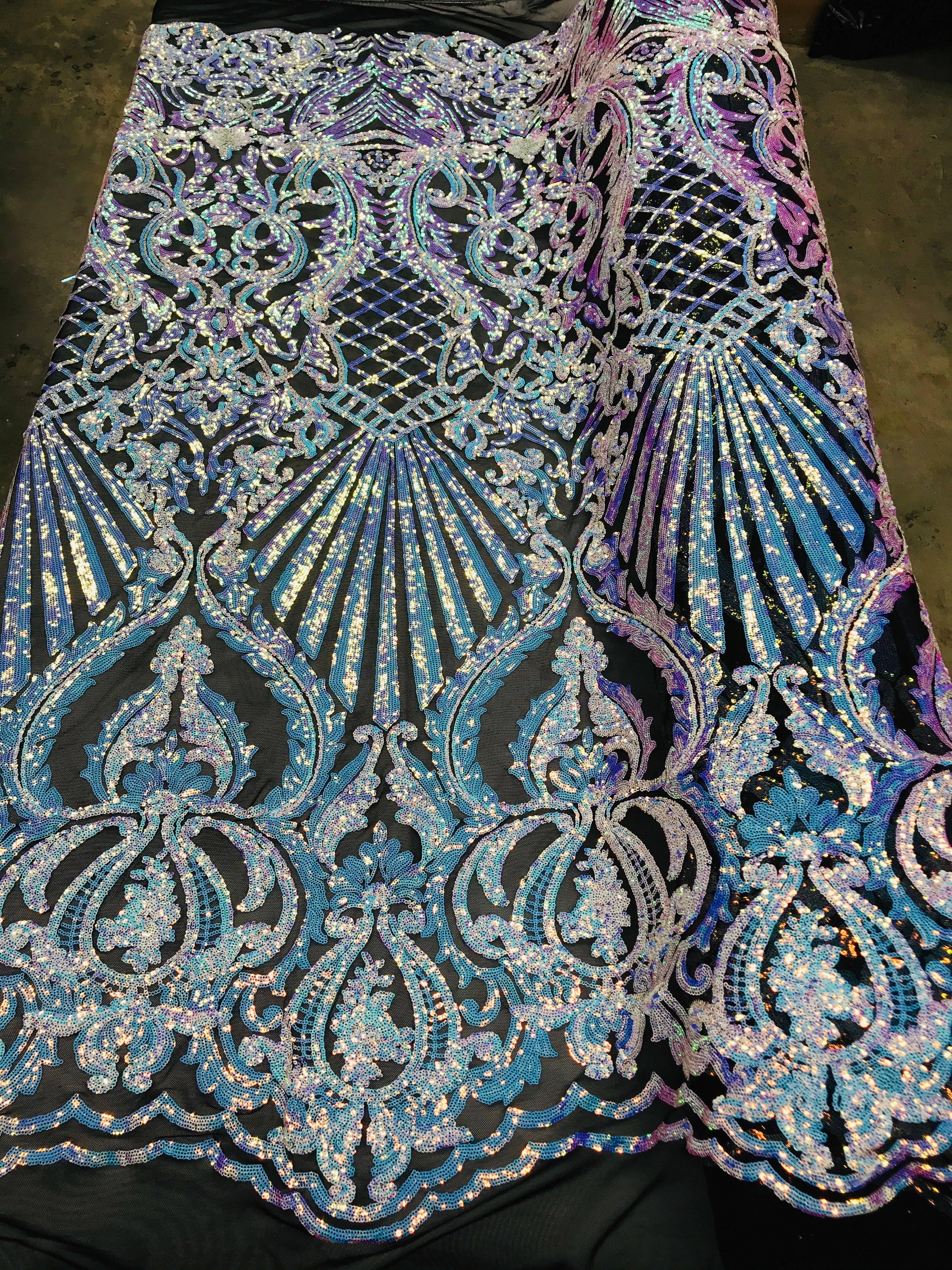 Floral Damask - Iridescent Unicorn - 4 Way Stretch Fancy Shiny Sequins Fabric with Net Design