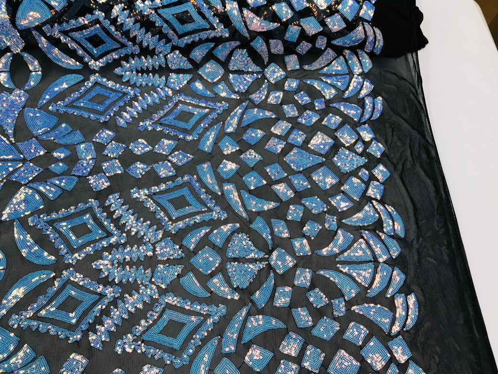 Geometric Sequins - Iridescent Unicorn - 4 Way Stretch Elegant Geometric Pattern with Shiny Sequins
