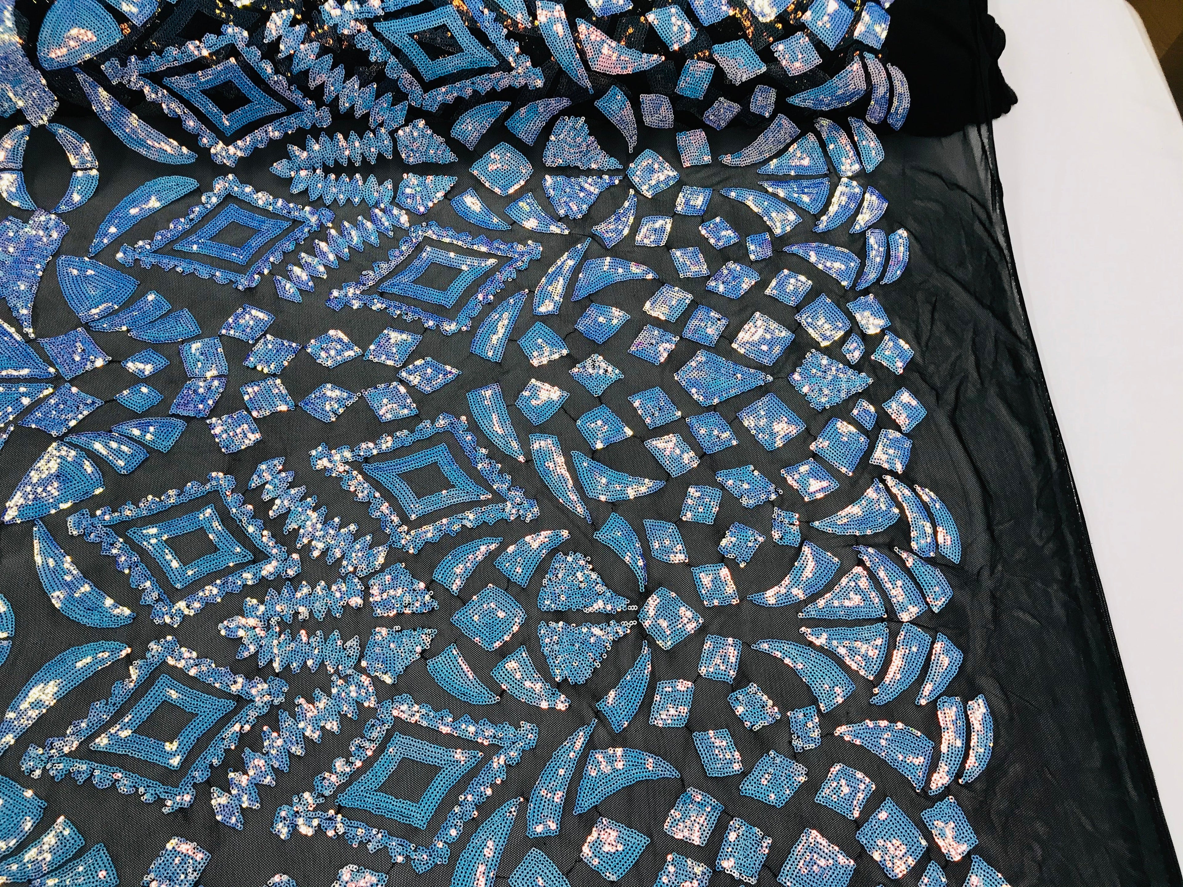 Geometric Sequins - Iridescent Unicorn - 4 Way Stretch Elegant Geometric Pattern with Shiny Sequins