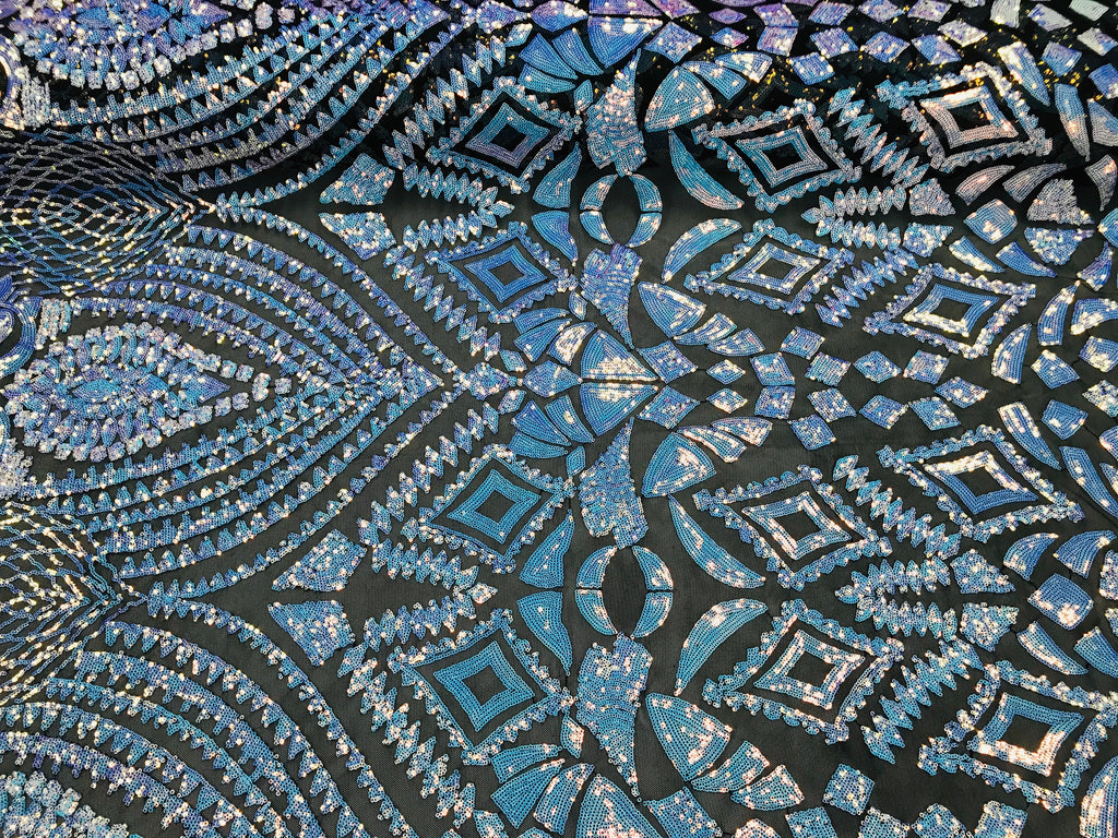Geometric Sequins - Iridescent Unicorn - 4 Way Stretch Elegant Geometric Pattern with Shiny Sequins