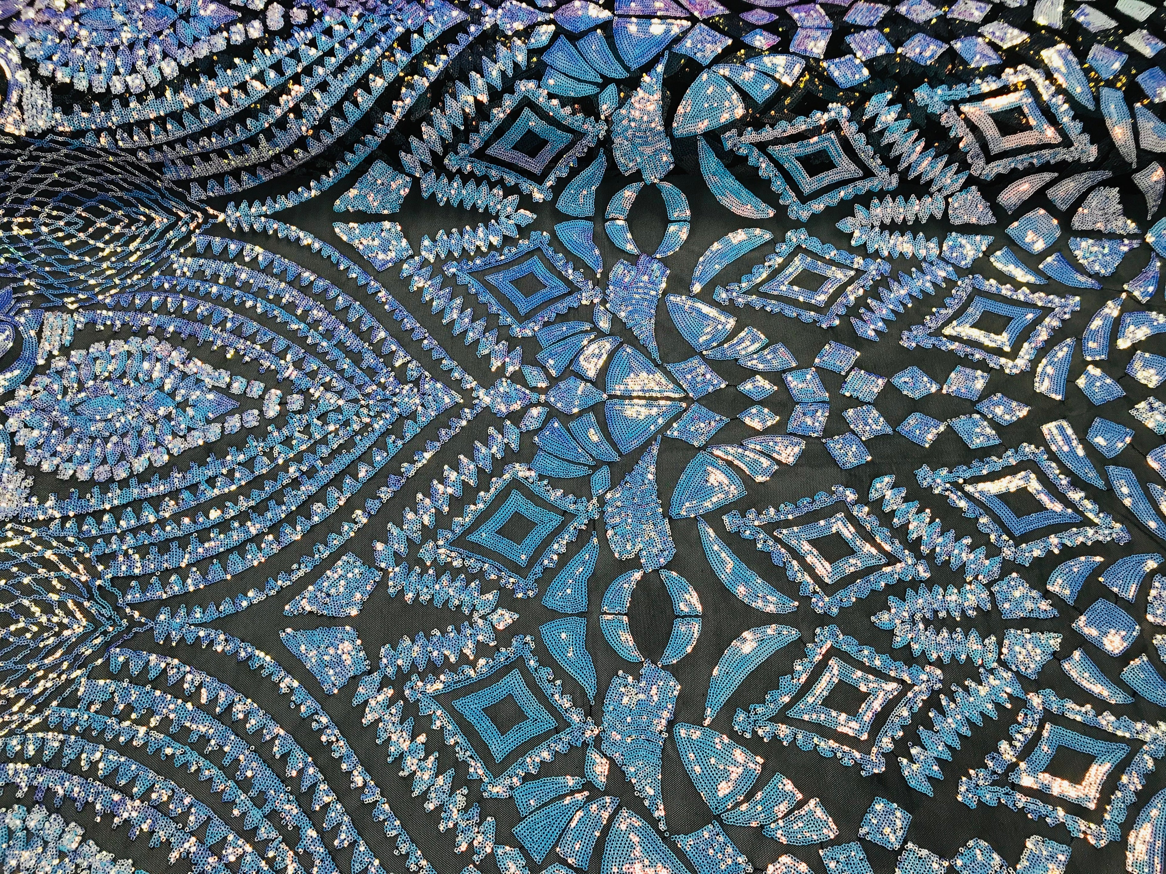 Geometric Sequins - Iridescent Unicorn - 4 Way Stretch Elegant Geometric Pattern with Shiny Sequins