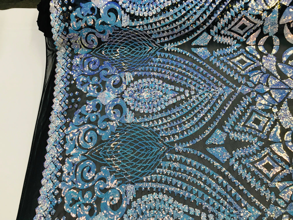 Geometric Sequins - Iridescent Unicorn - 4 Way Stretch Elegant Geometric Pattern with Shiny Sequins