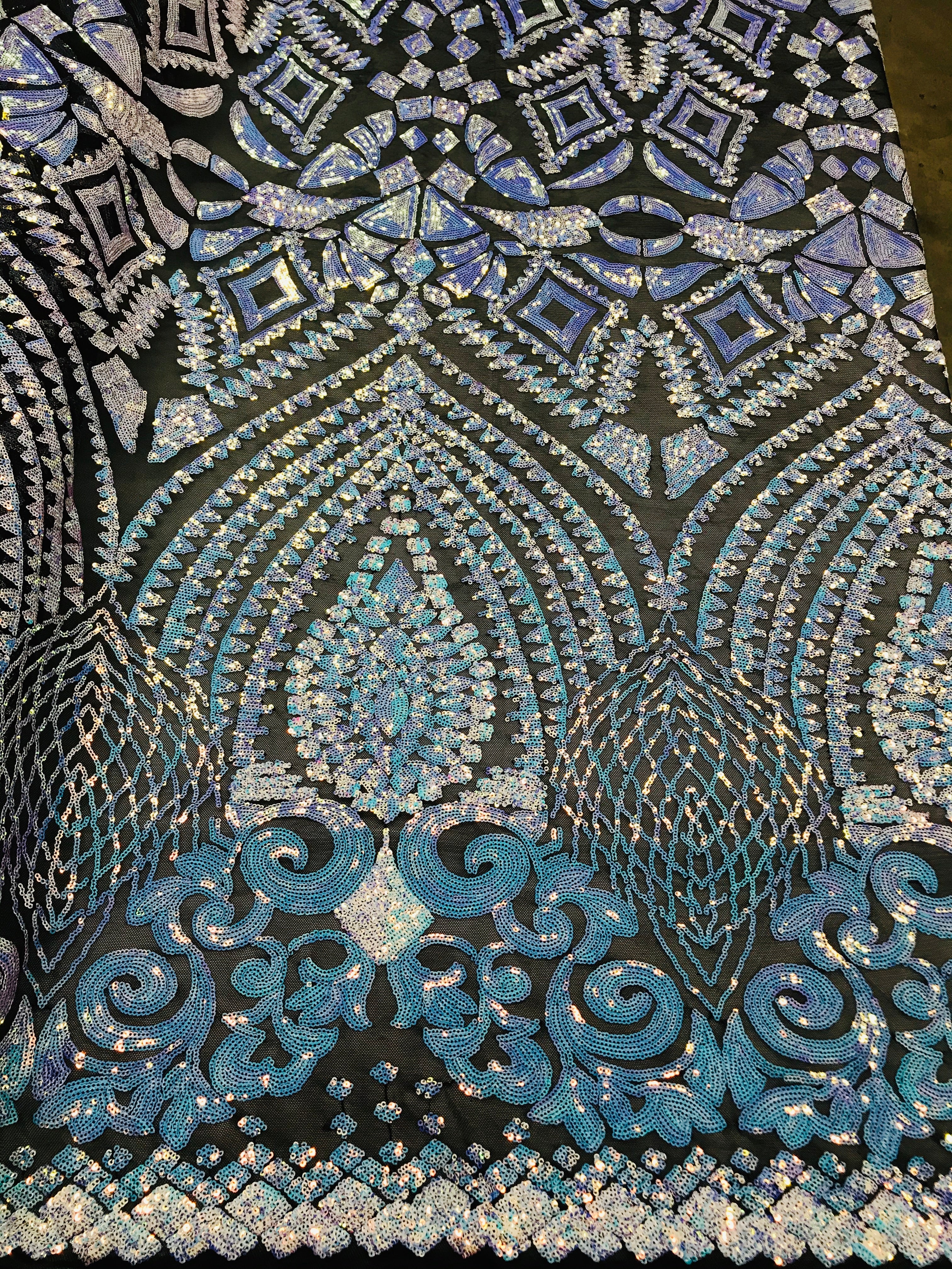 Geometric Sequins - Iridescent Unicorn - 4 Way Stretch Elegant Geometric Pattern with Shiny Sequins
