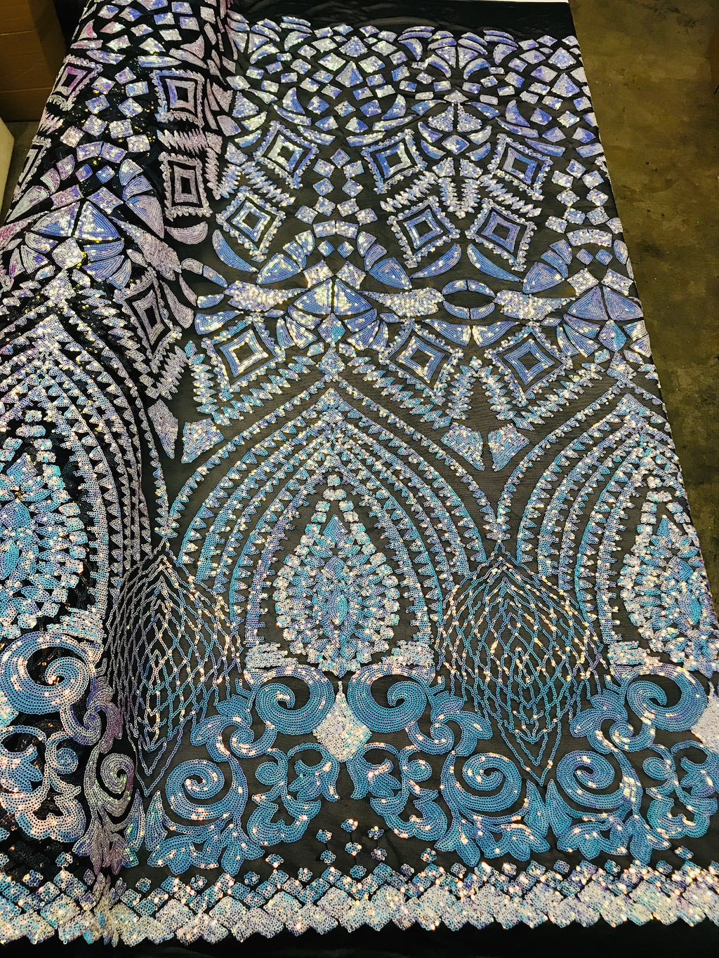 Geometric Sequins - Iridescent Unicorn - 4 Way Stretch Elegant Geometric Pattern with Shiny Sequins