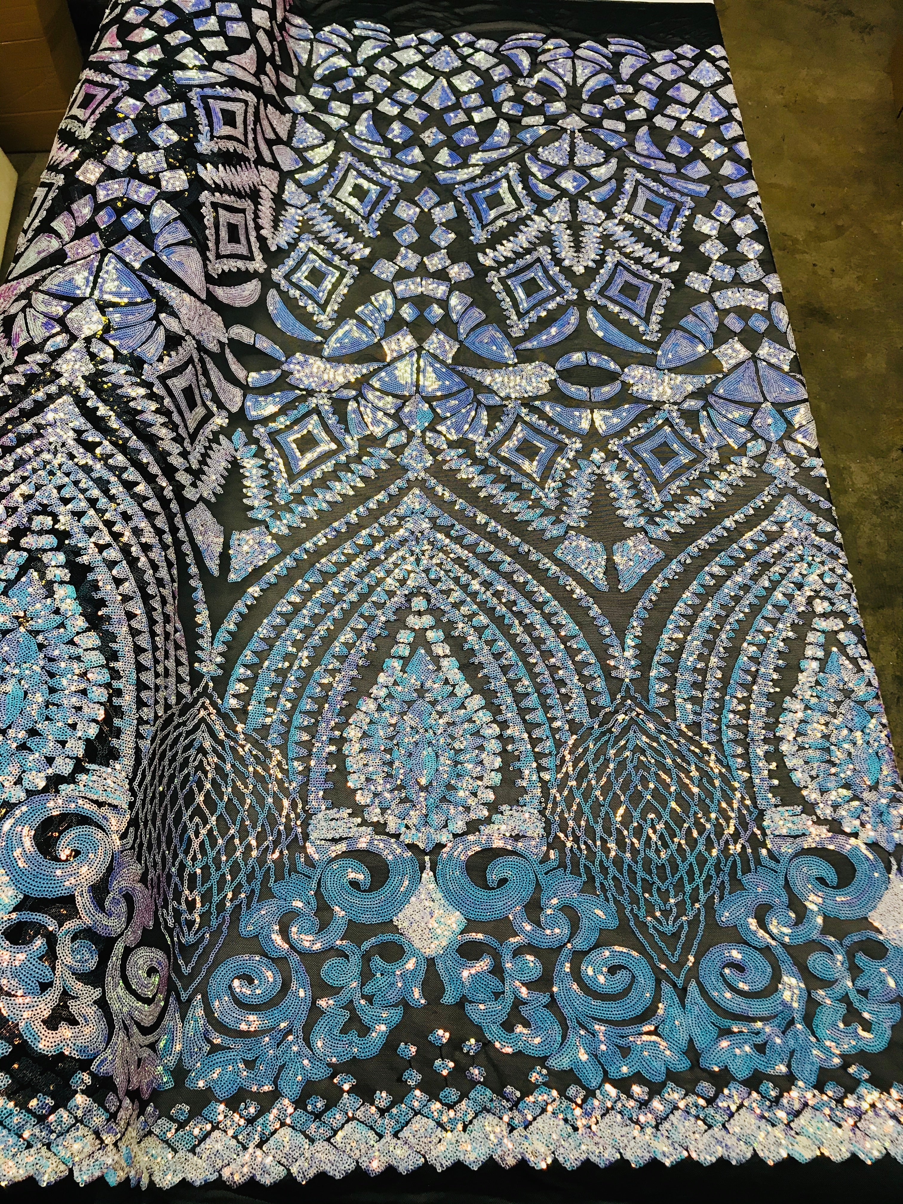 Geometric Sequins - Iridescent Unicorn - 4 Way Stretch Elegant Geometric Pattern with Shiny Sequins