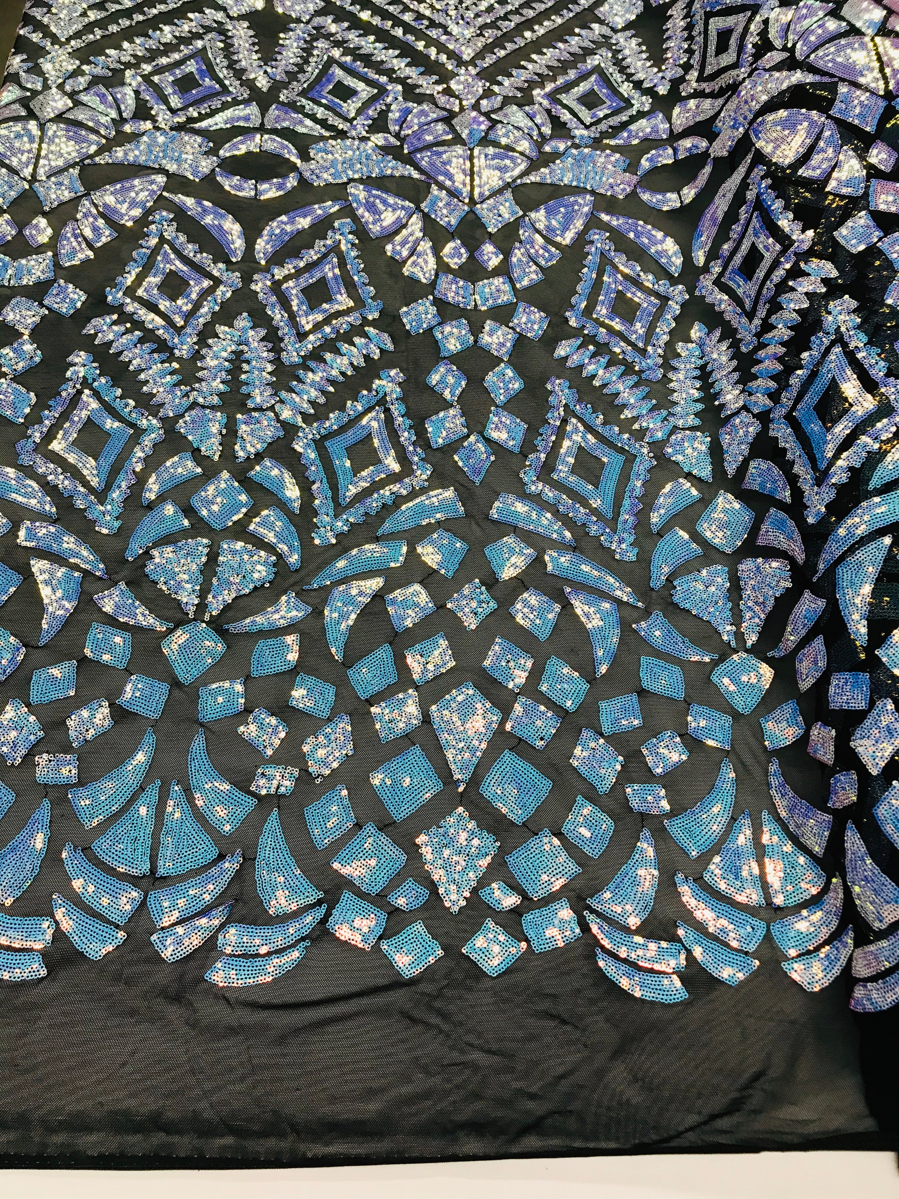 Geometric Sequins - Iridescent Unicorn - 4 Way Stretch Elegant Geometric Pattern with Shiny Sequins