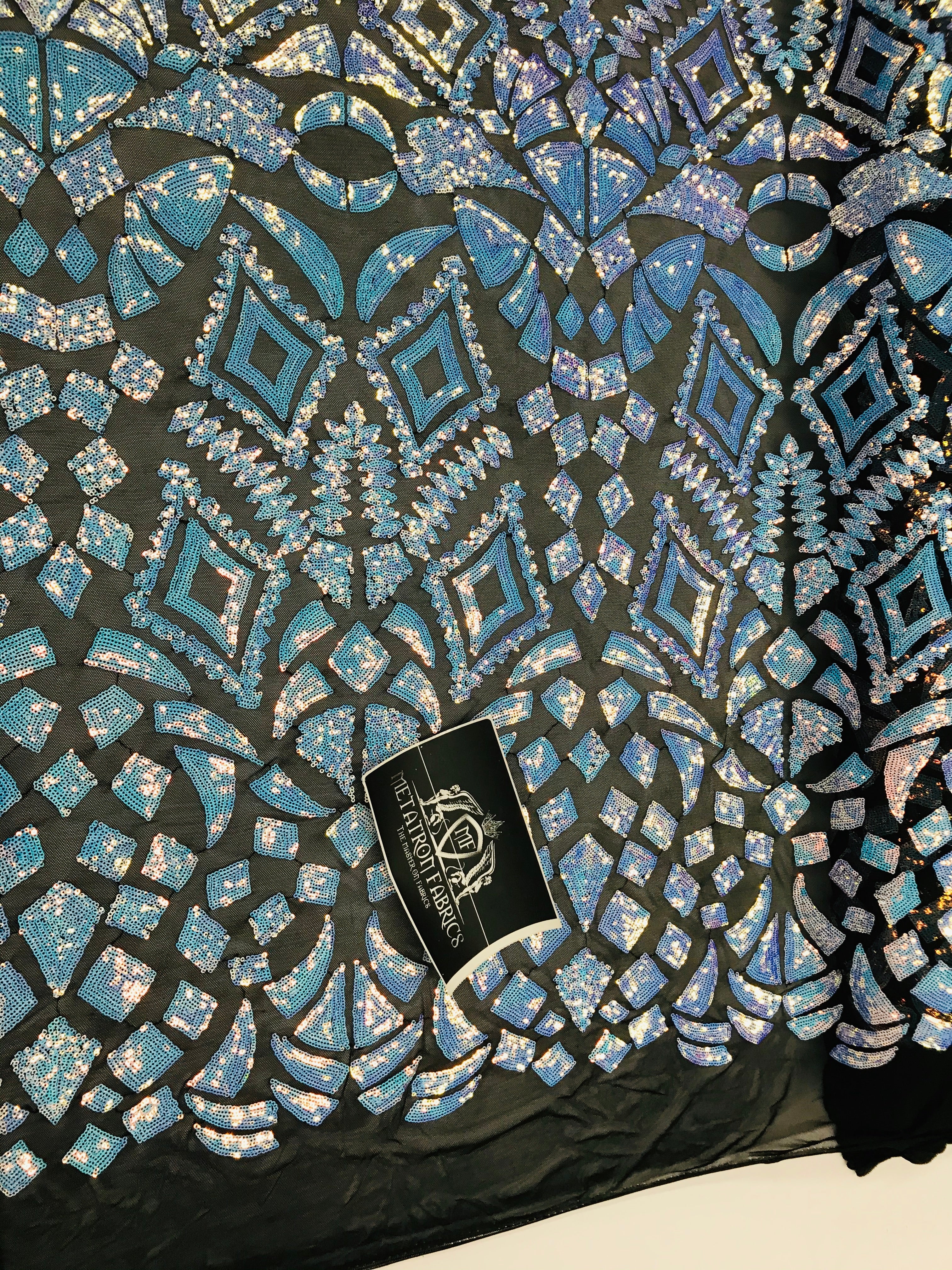 Geometric Sequins - Iridescent Unicorn - 4 Way Stretch Elegant Geometric Pattern with Shiny Sequins