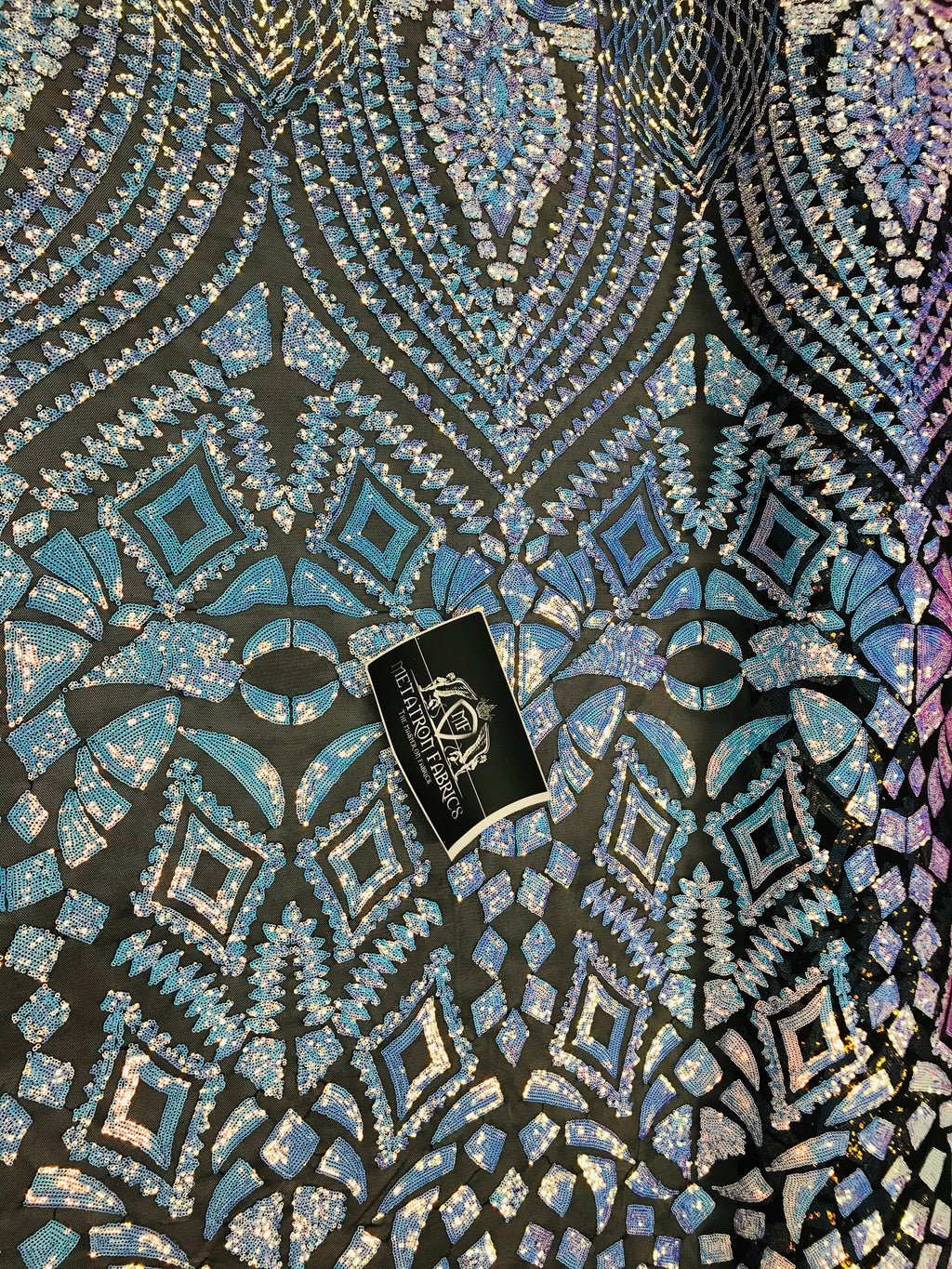 Geometric Sequins - Iridescent Unicorn - 4 Way Stretch Elegant Geometric Pattern with Shiny Sequins