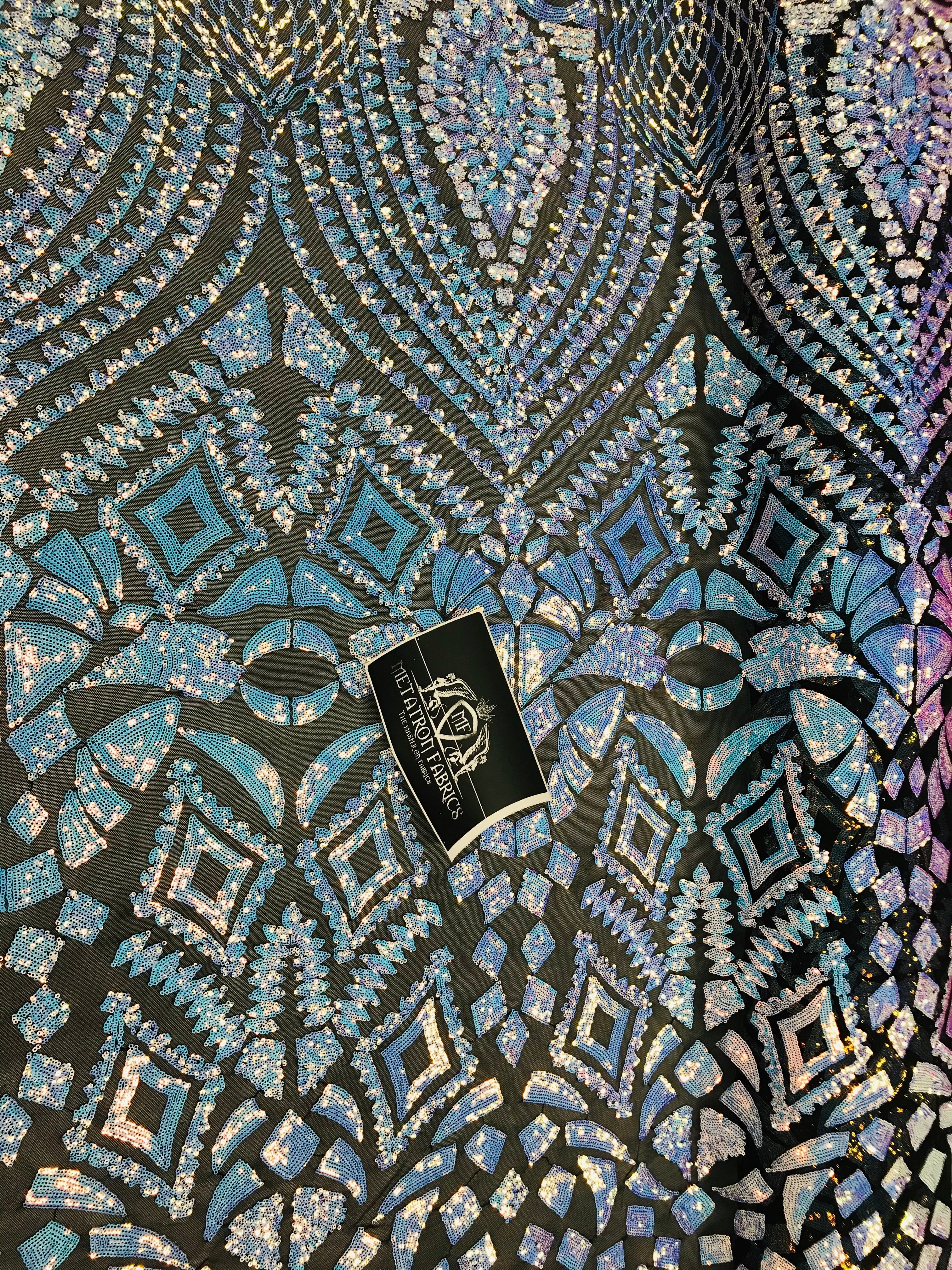 Geometric Sequins - Iridescent Unicorn - 4 Way Stretch Elegant Geometric Pattern with Shiny Sequins