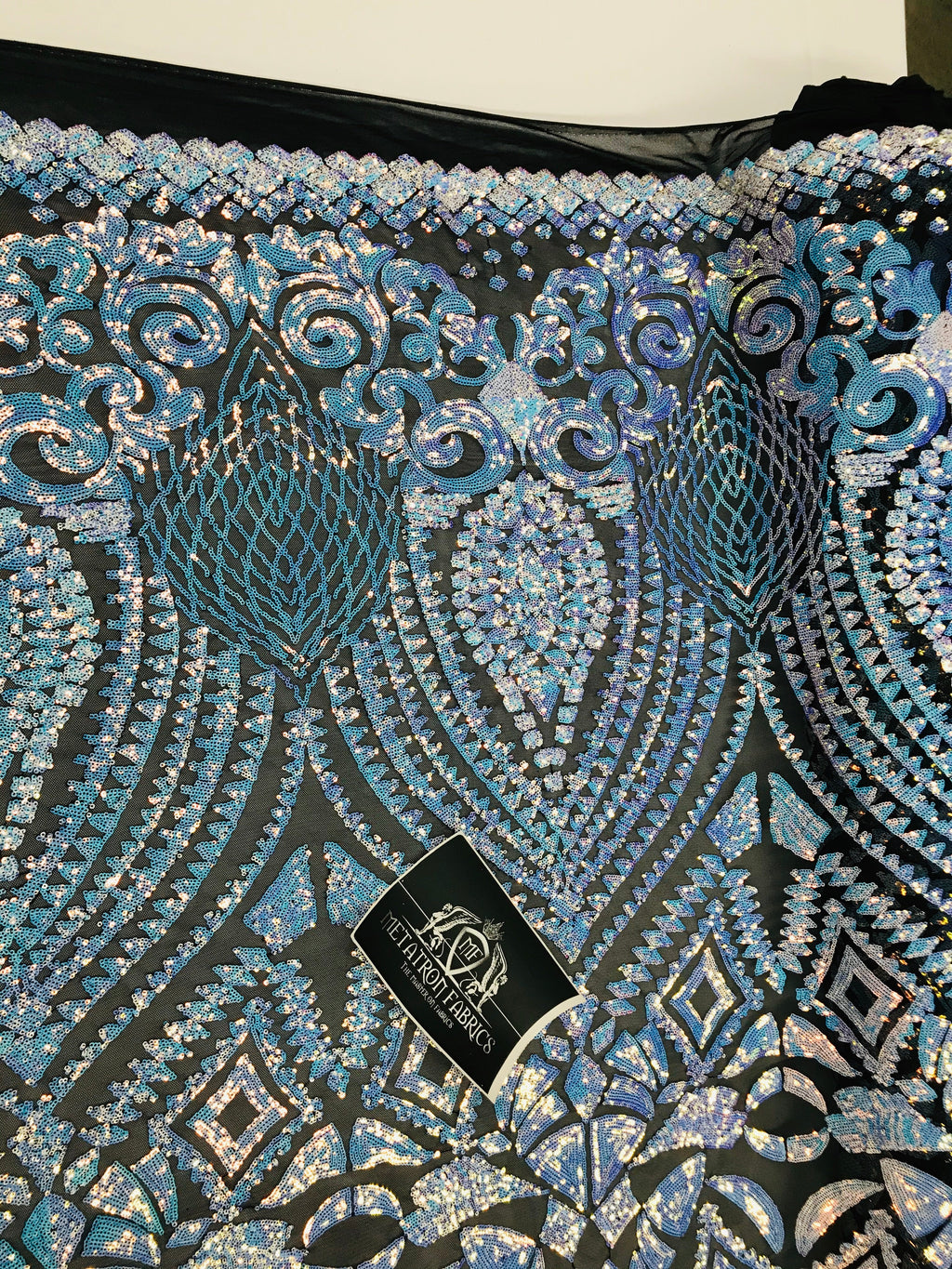 Geometric Sequins - Iridescent Unicorn - 4 Way Stretch Elegant Geometric Pattern with Shiny Sequins