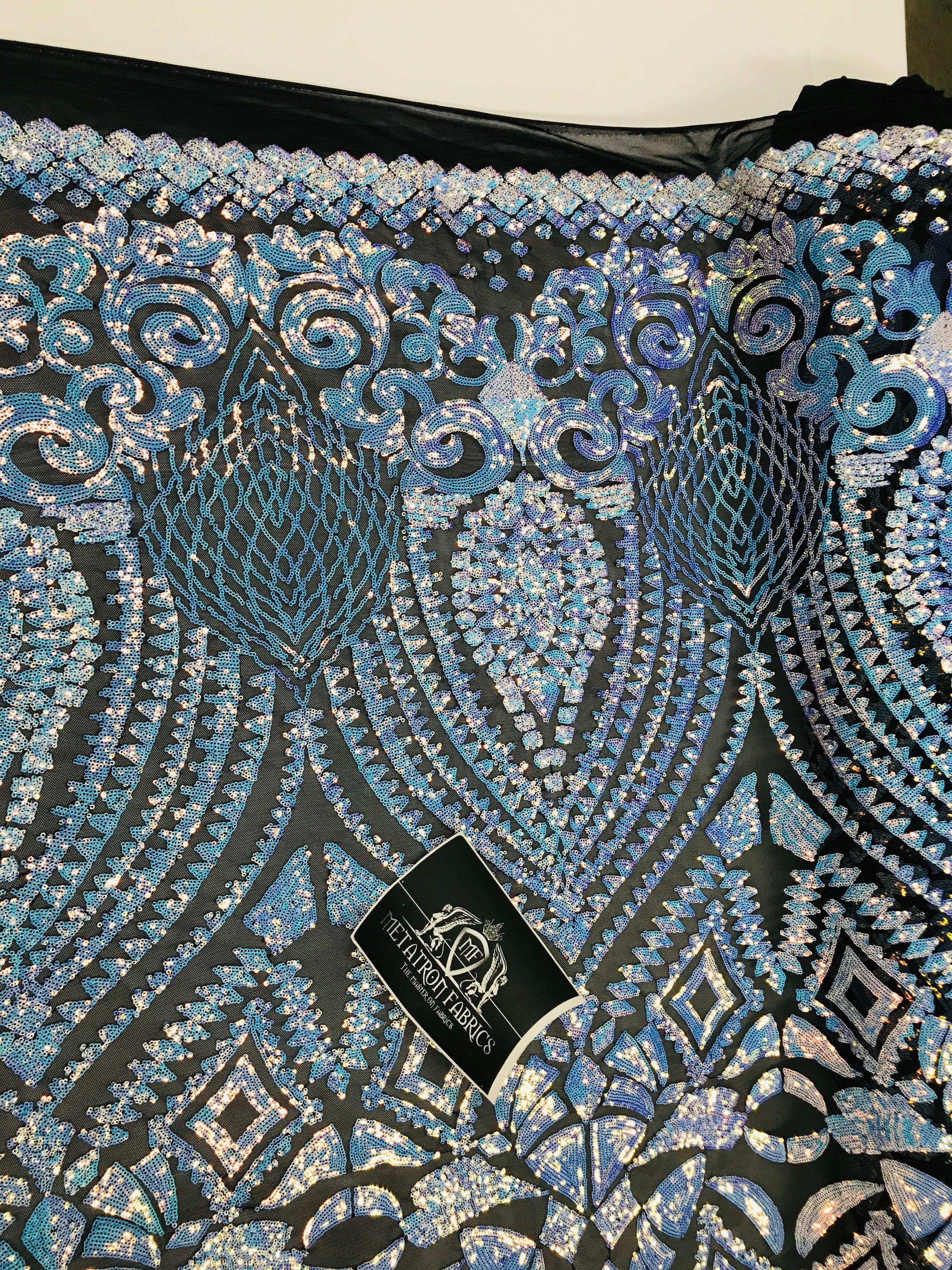 Geometric Sequins - Iridescent Unicorn - 4 Way Stretch Elegant Geometric Pattern with Shiny Sequins