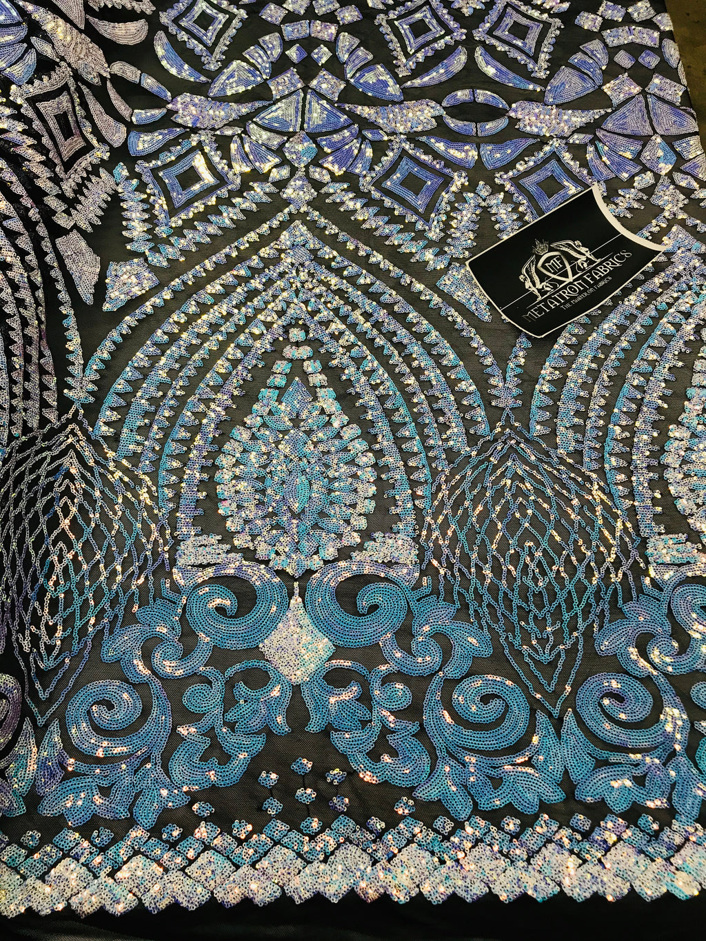 Geometric Sequins - Iridescent Unicorn - 4 Way Stretch Elegant Geometric Pattern with Shiny Sequins
