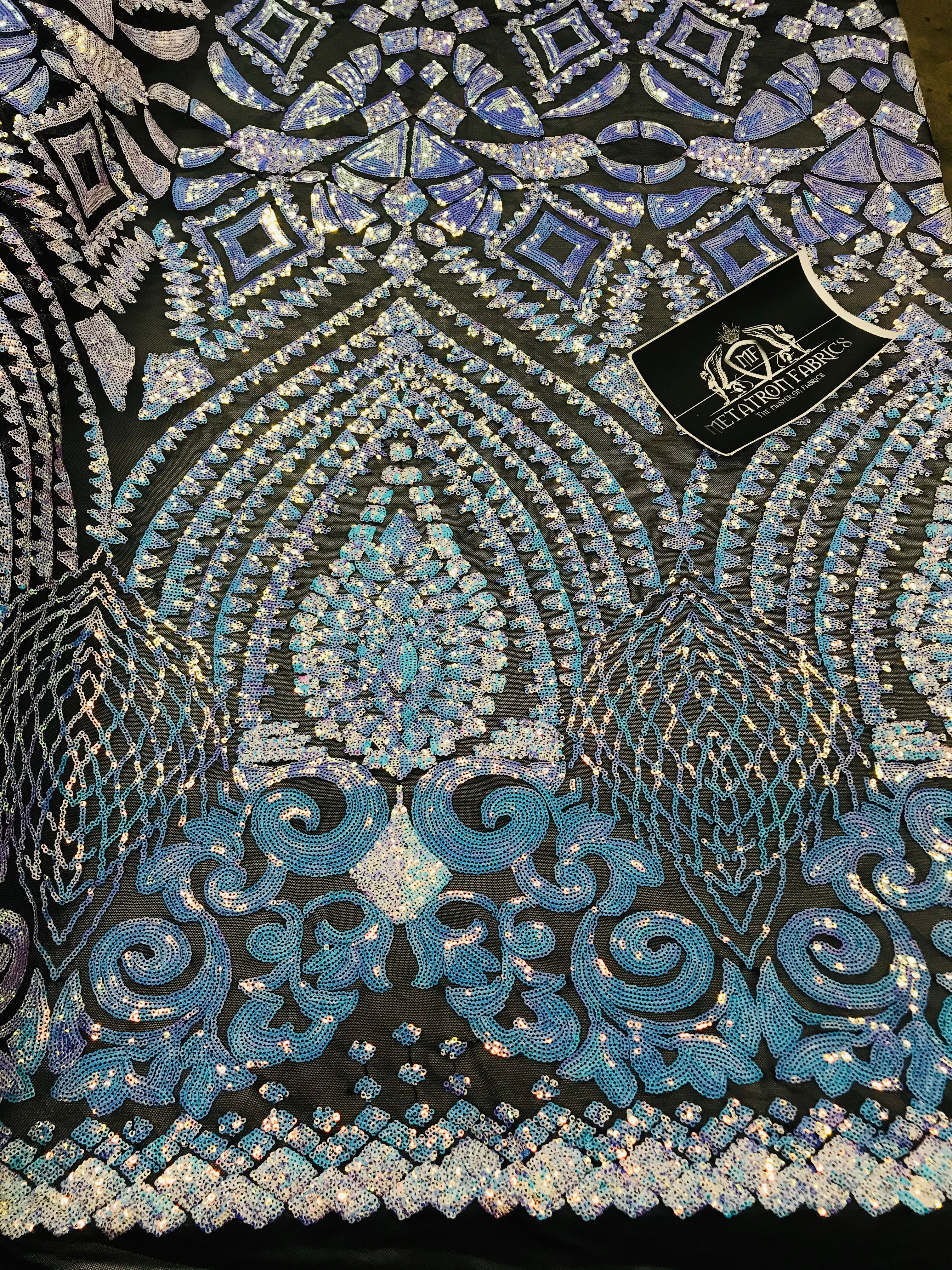 Geometric Sequins - Iridescent Unicorn - 4 Way Stretch Elegant Geometric Pattern with Shiny Sequins