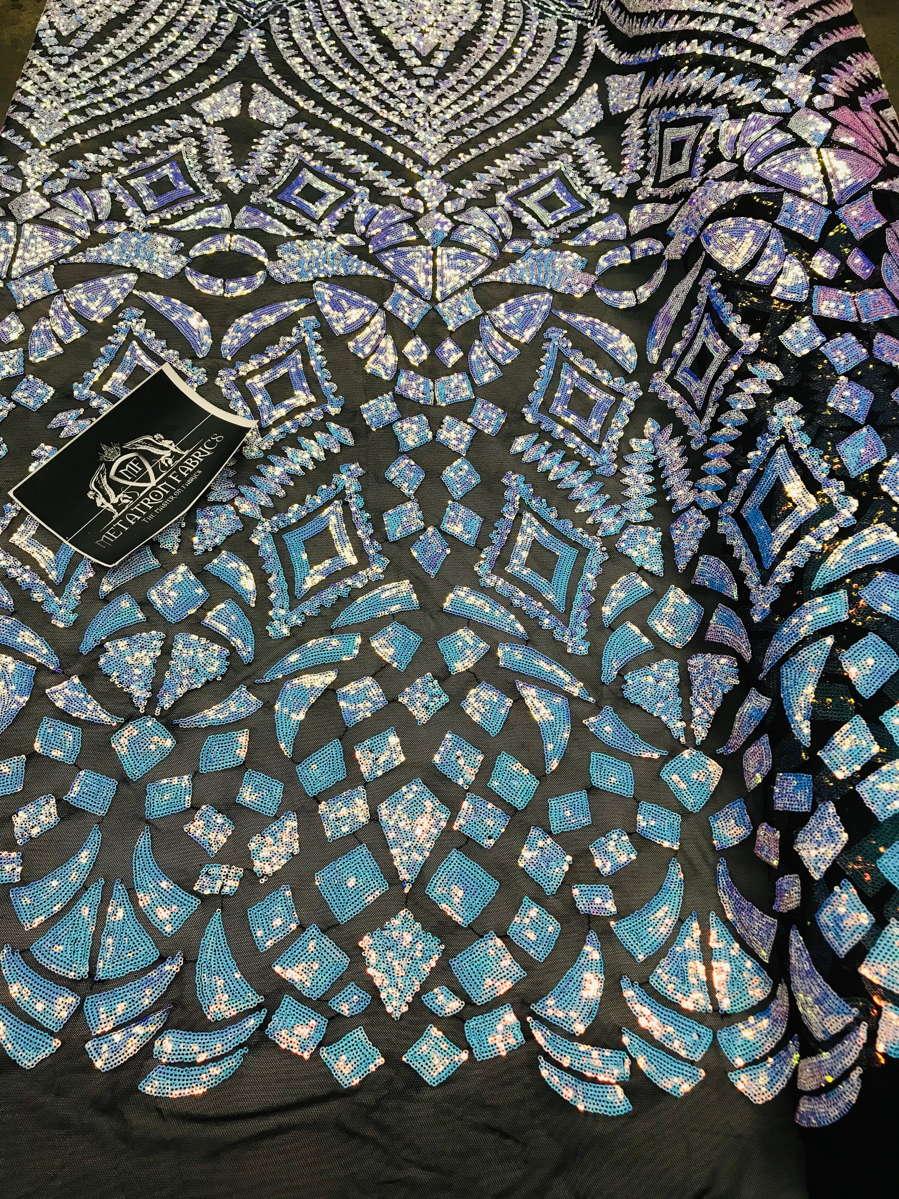 Geometric Sequins - Iridescent Unicorn - 4 Way Stretch Elegant Geometric Pattern with Shiny Sequins