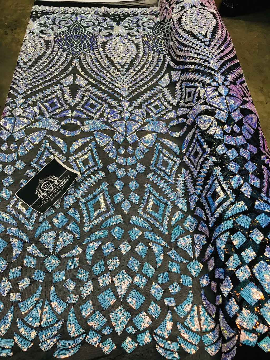 Geometric Sequins - Iridescent Unicorn - 4 Way Stretch Elegant Geometric Pattern with Shiny Sequins