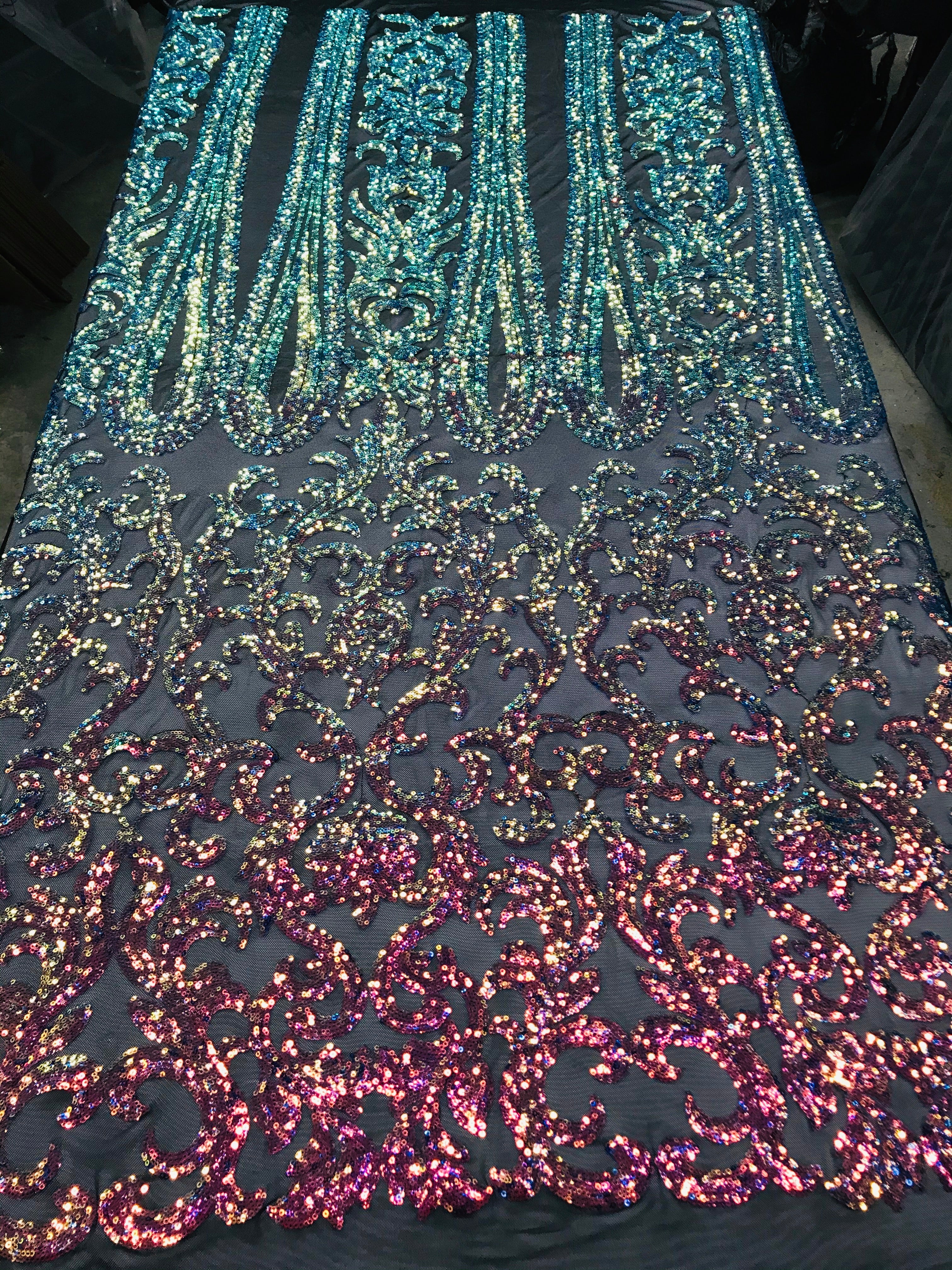 Damask Sequins - Rainbow - 4 Way Stretch Damask Sequins Fashion Design By Yard