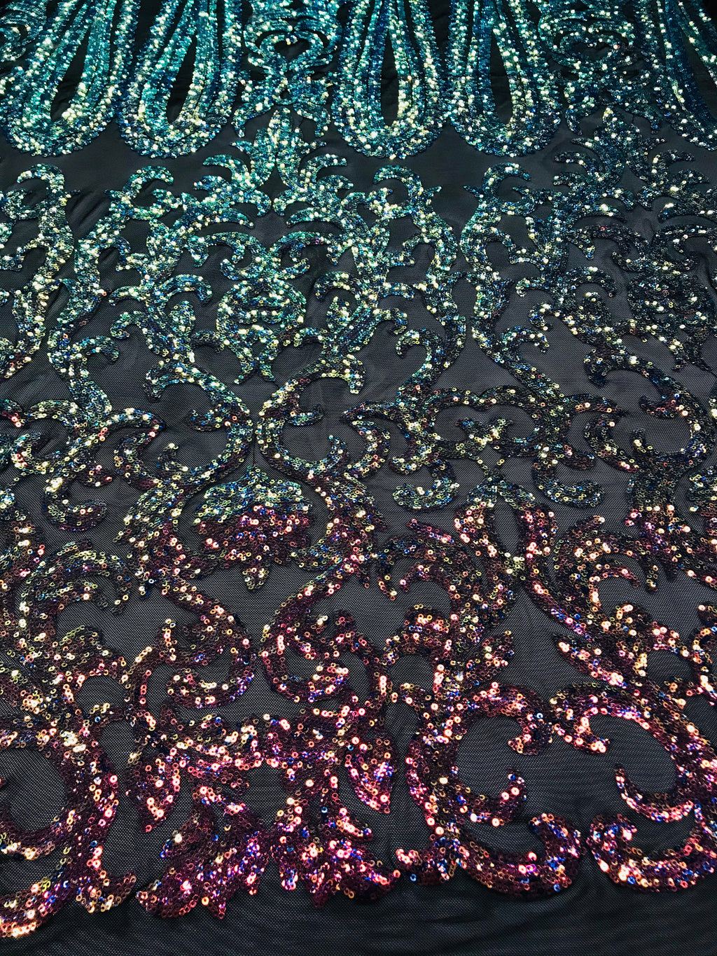 Damask Sequins - Rainbow - 4 Way Stretch Damask Sequins Fashion Design By Yard