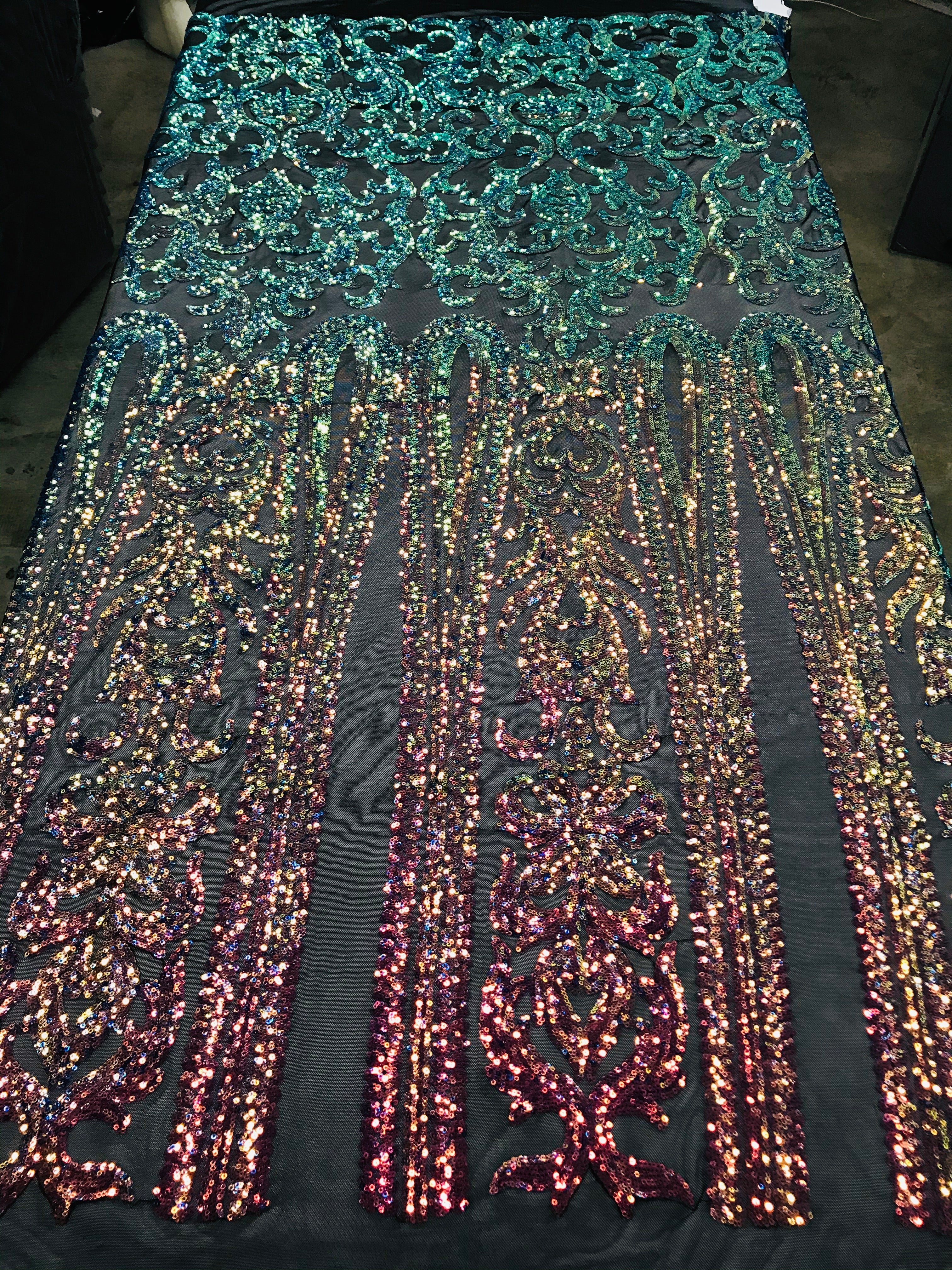Damask Sequins - Rainbow - 4 Way Stretch Damask Sequins Fashion Design By Yard