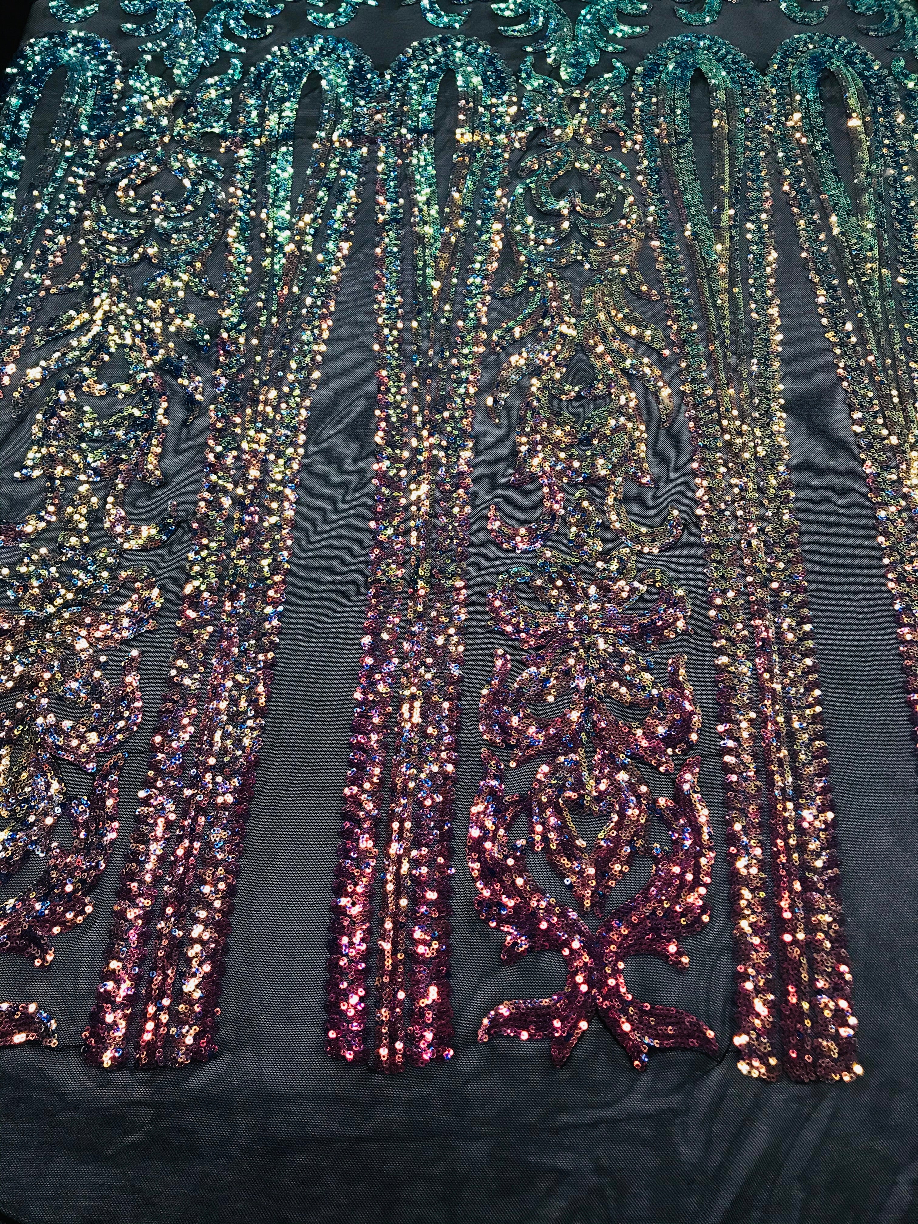 Damask Sequins - Rainbow - 4 Way Stretch Damask Sequins Fashion Design By Yard