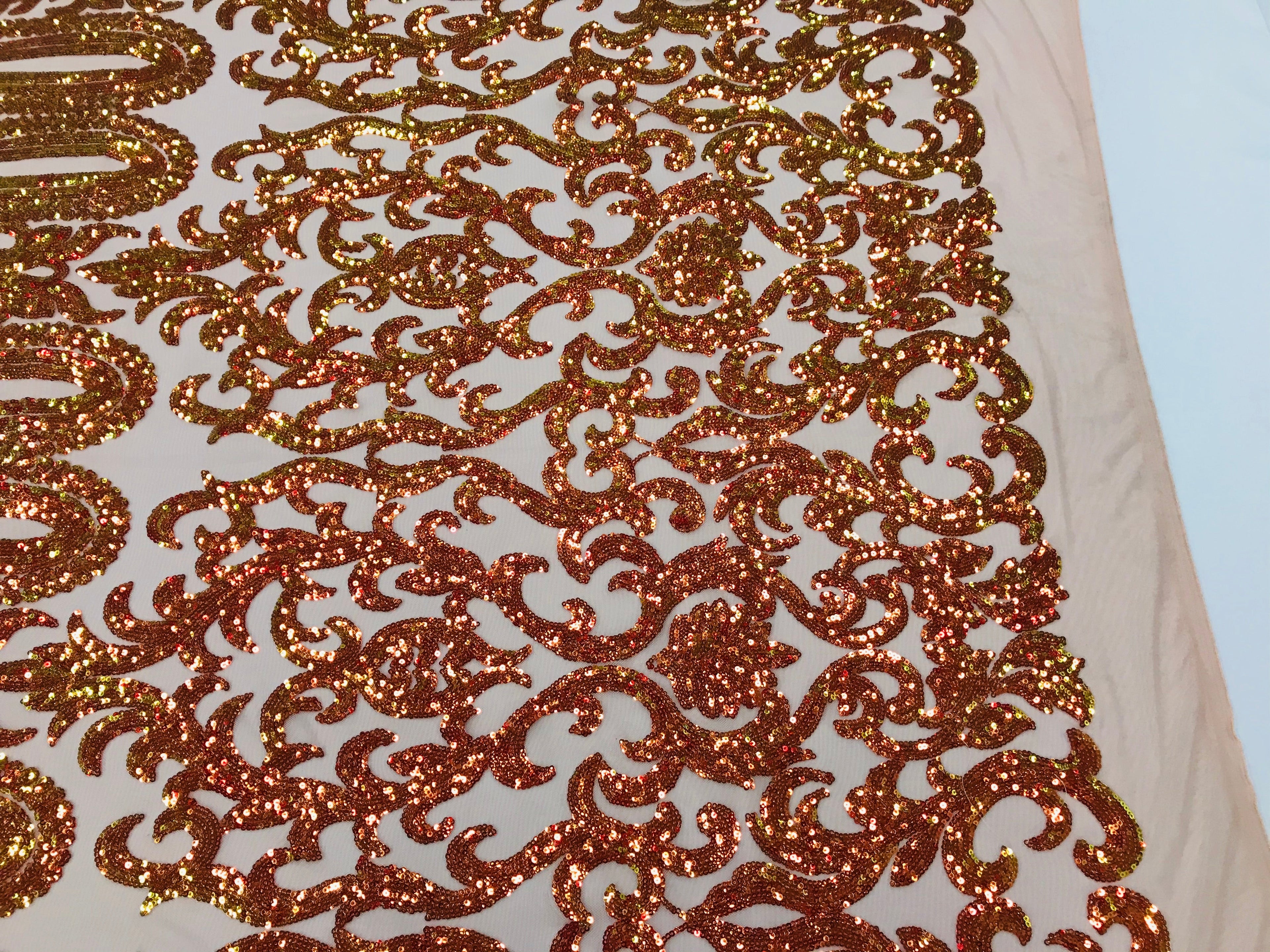 Damask Sequins - Iridescent Orange - 4 Way Stretch Damask Sequins Fashion Design Fabric